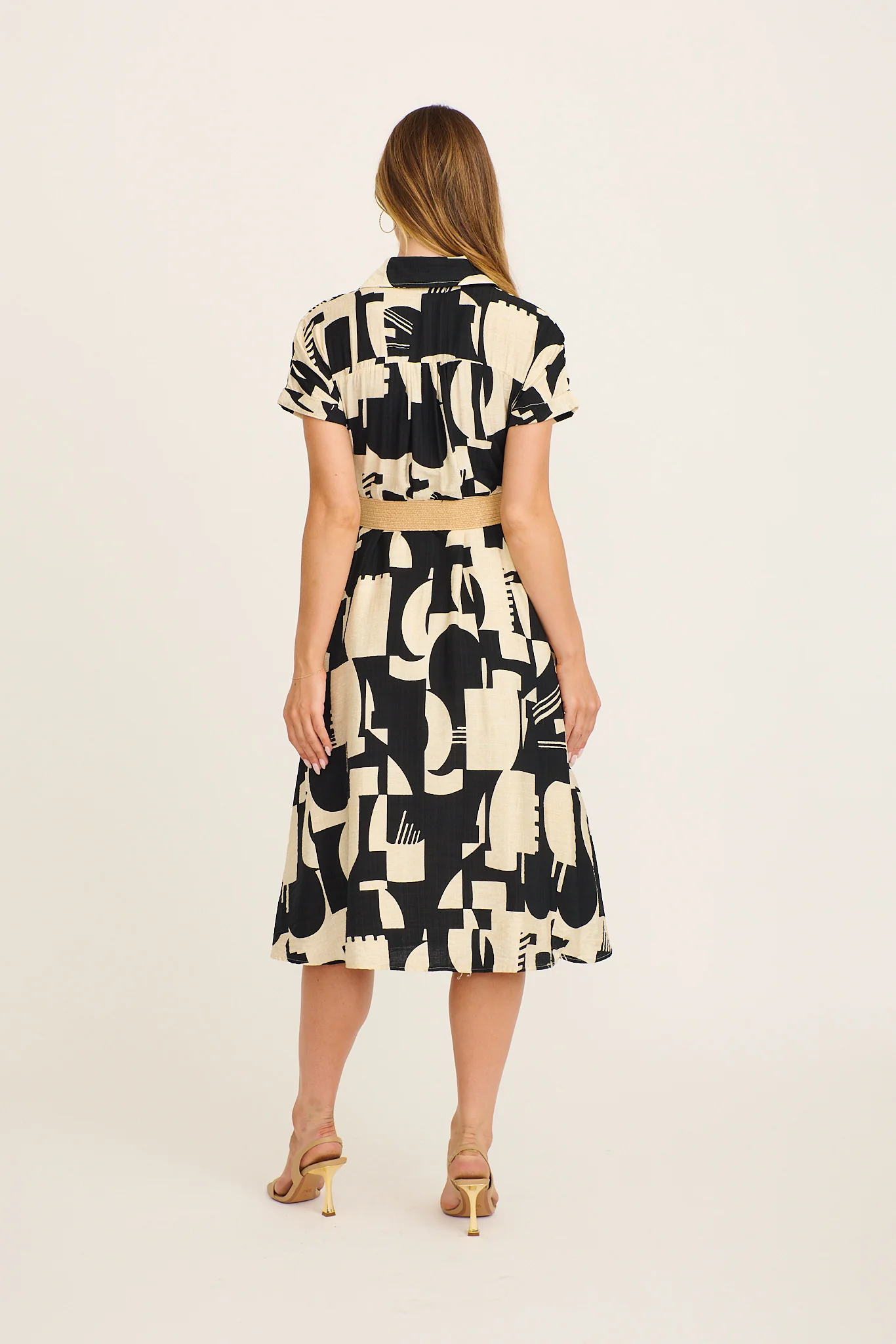 Charli Midi Shirt Dress in Black Geometric Print with Belt - Image 4