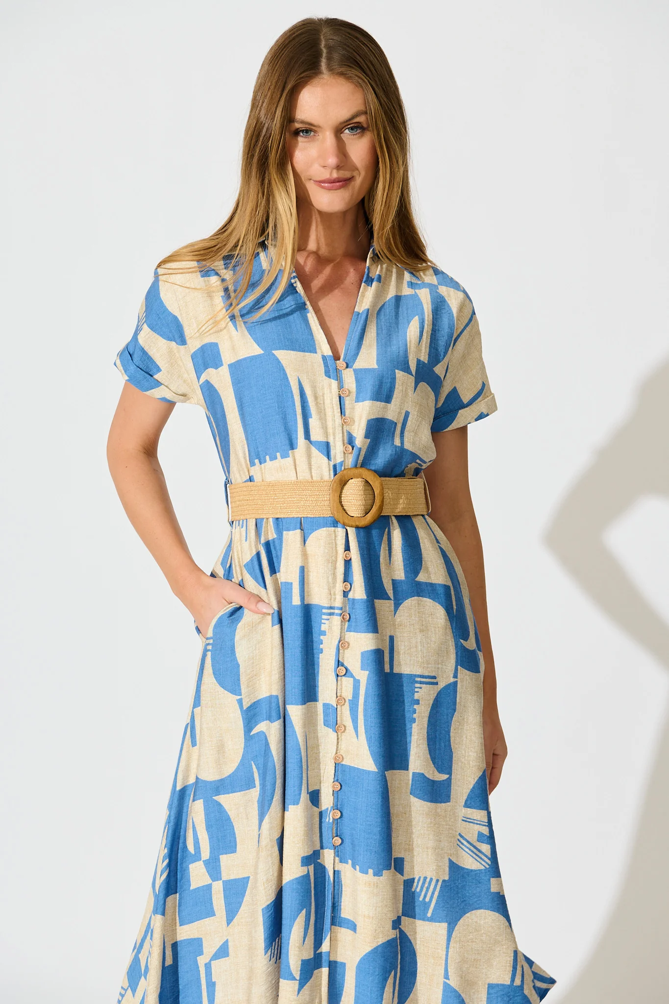 Charli Midi Shirt Dress in Blue Geometric Print with Belt - Image 2