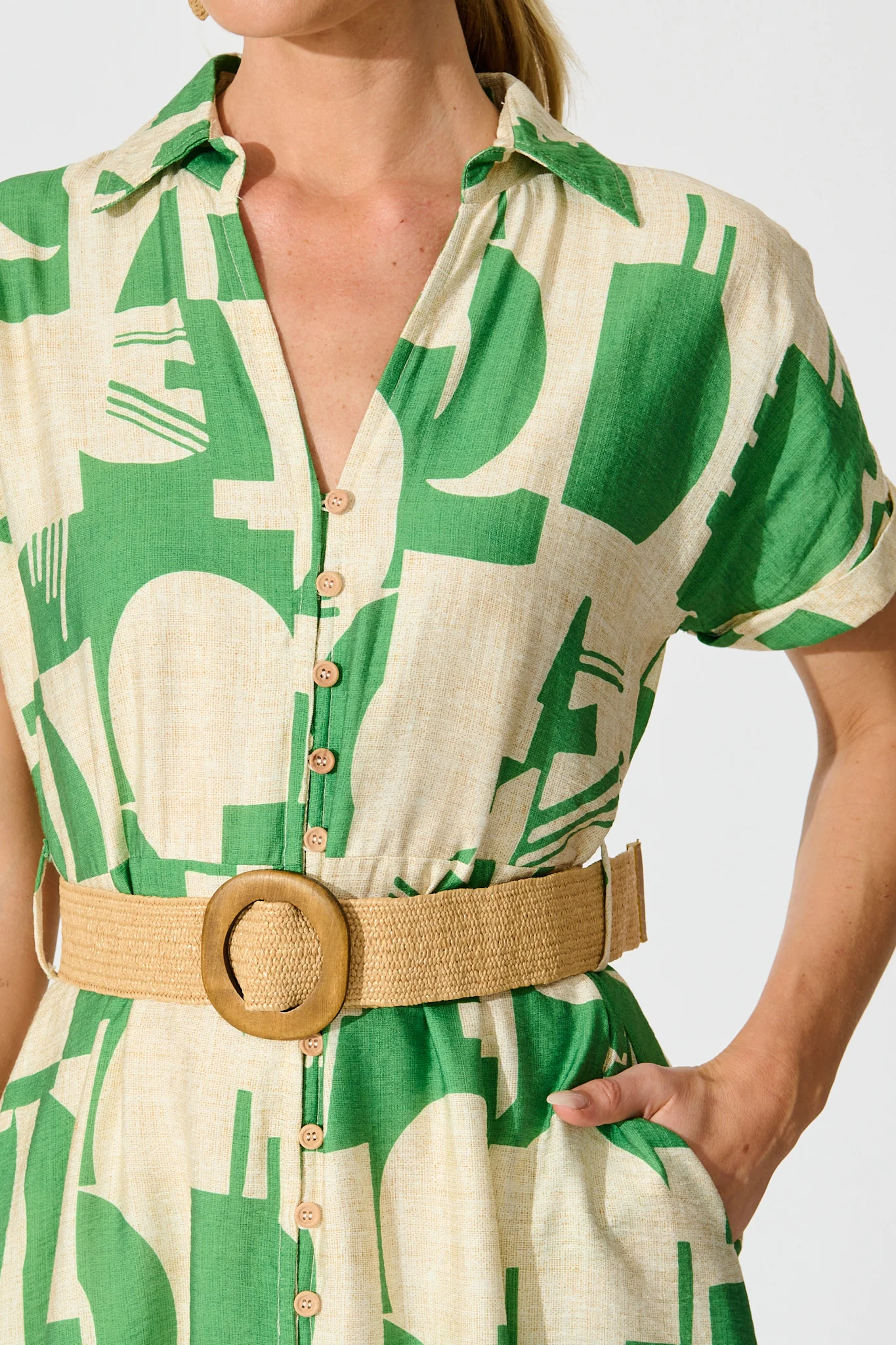 Charli Midi Shirt Dress in Green Geometric Print with Belt - Image 5
