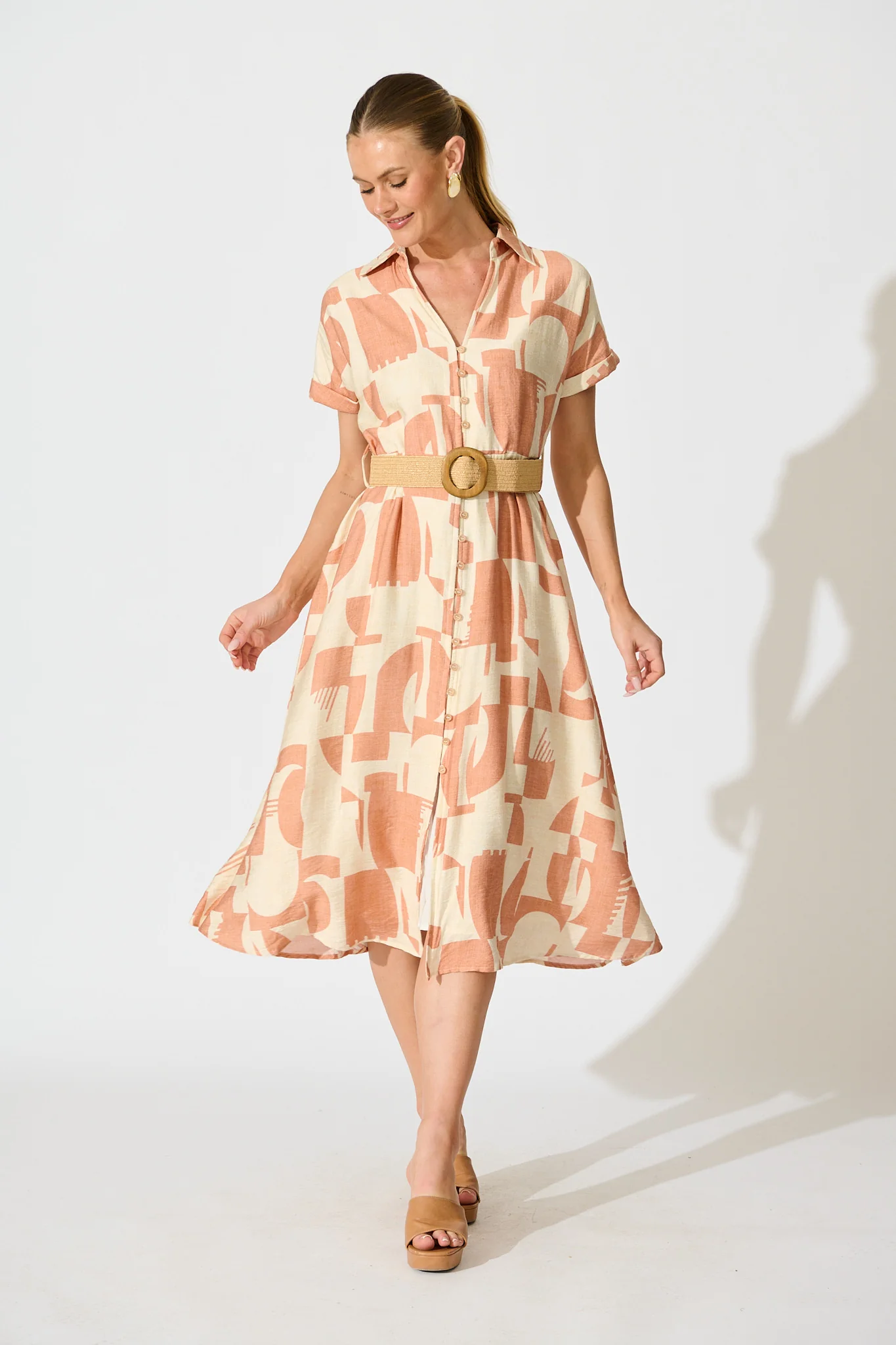 Charli Midi Shirt Dress in Rust Geometric Print with Belt