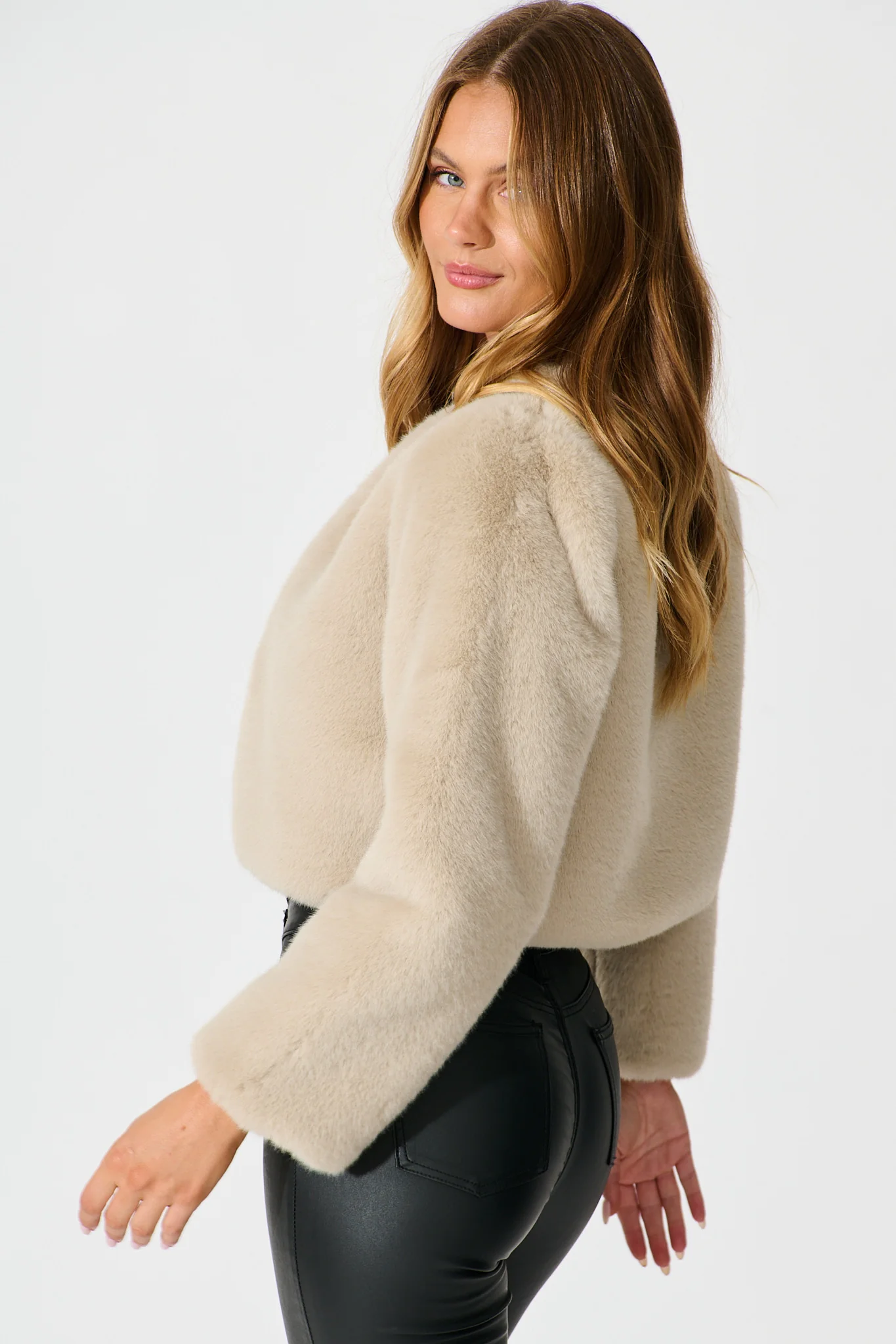 Cher Faux Fur Jacket In Beige - Image 2