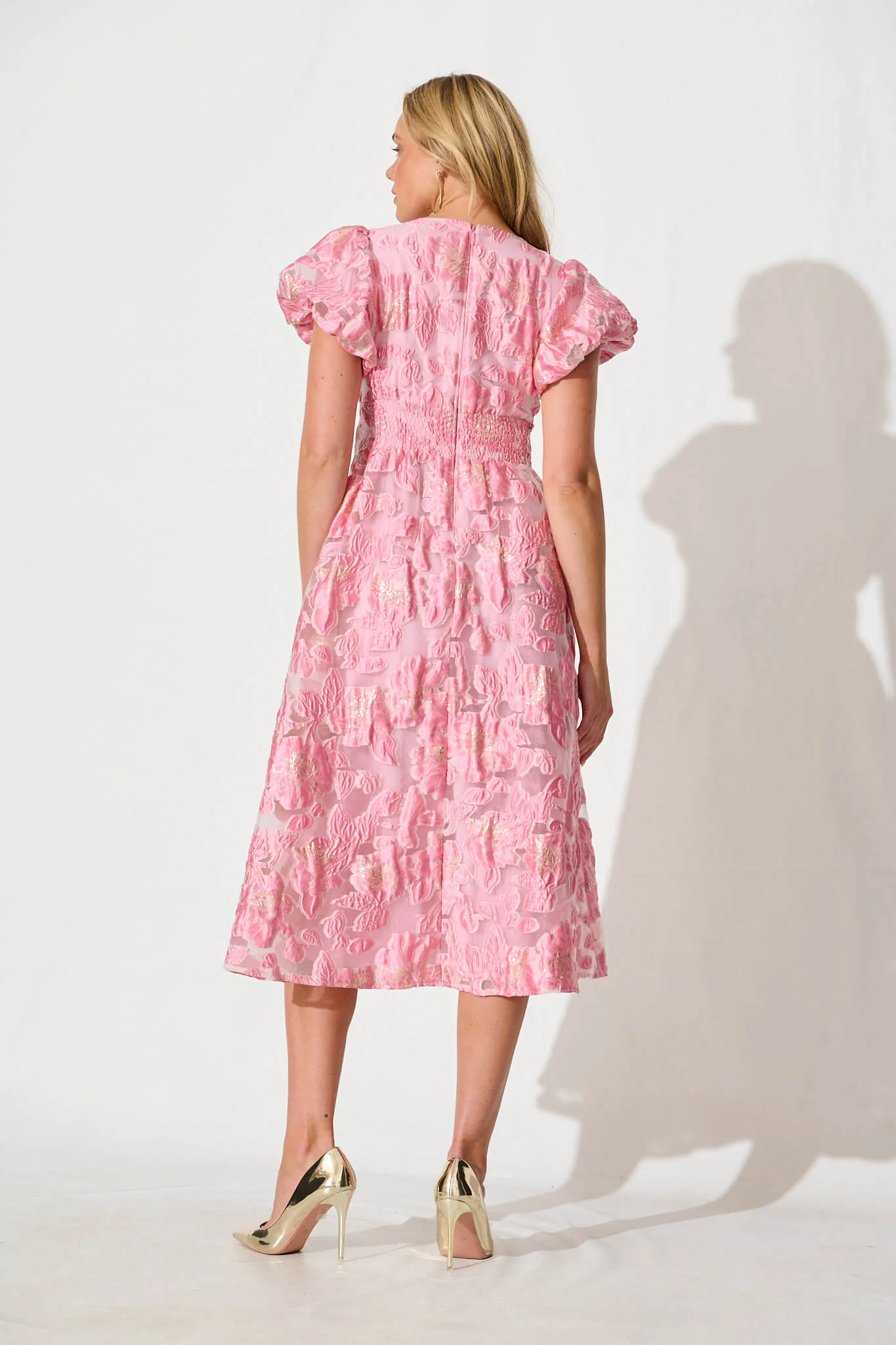Cherish Midi Dress in Pink Floral Organza Jacquard - Image 4