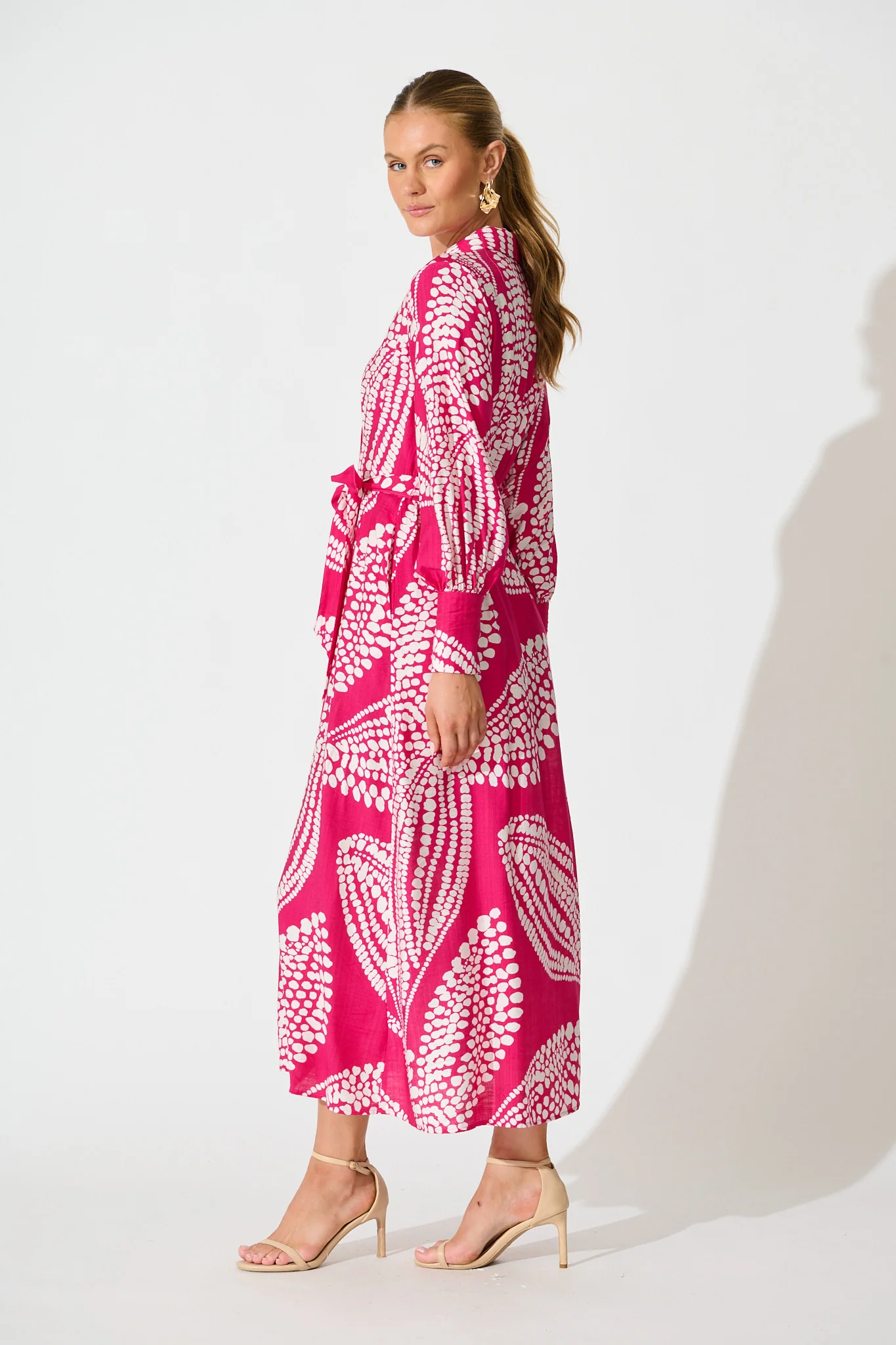 Clara Maxi Shirt Dress in Magenta with White Print - Image 3