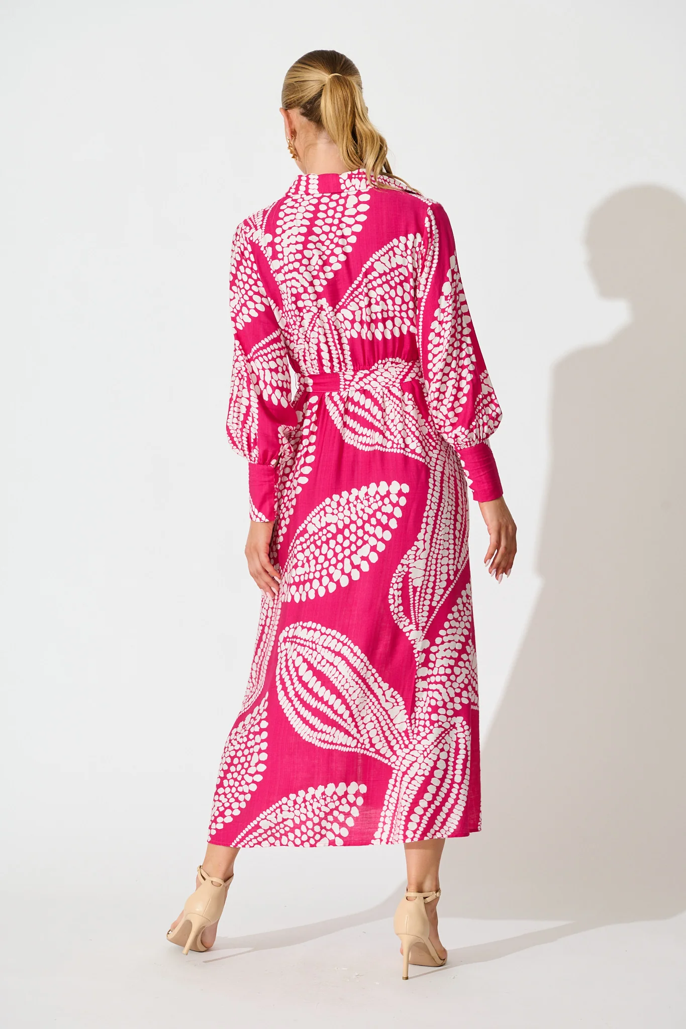 Clara Maxi Shirt Dress in Magenta with White Print - Image 4