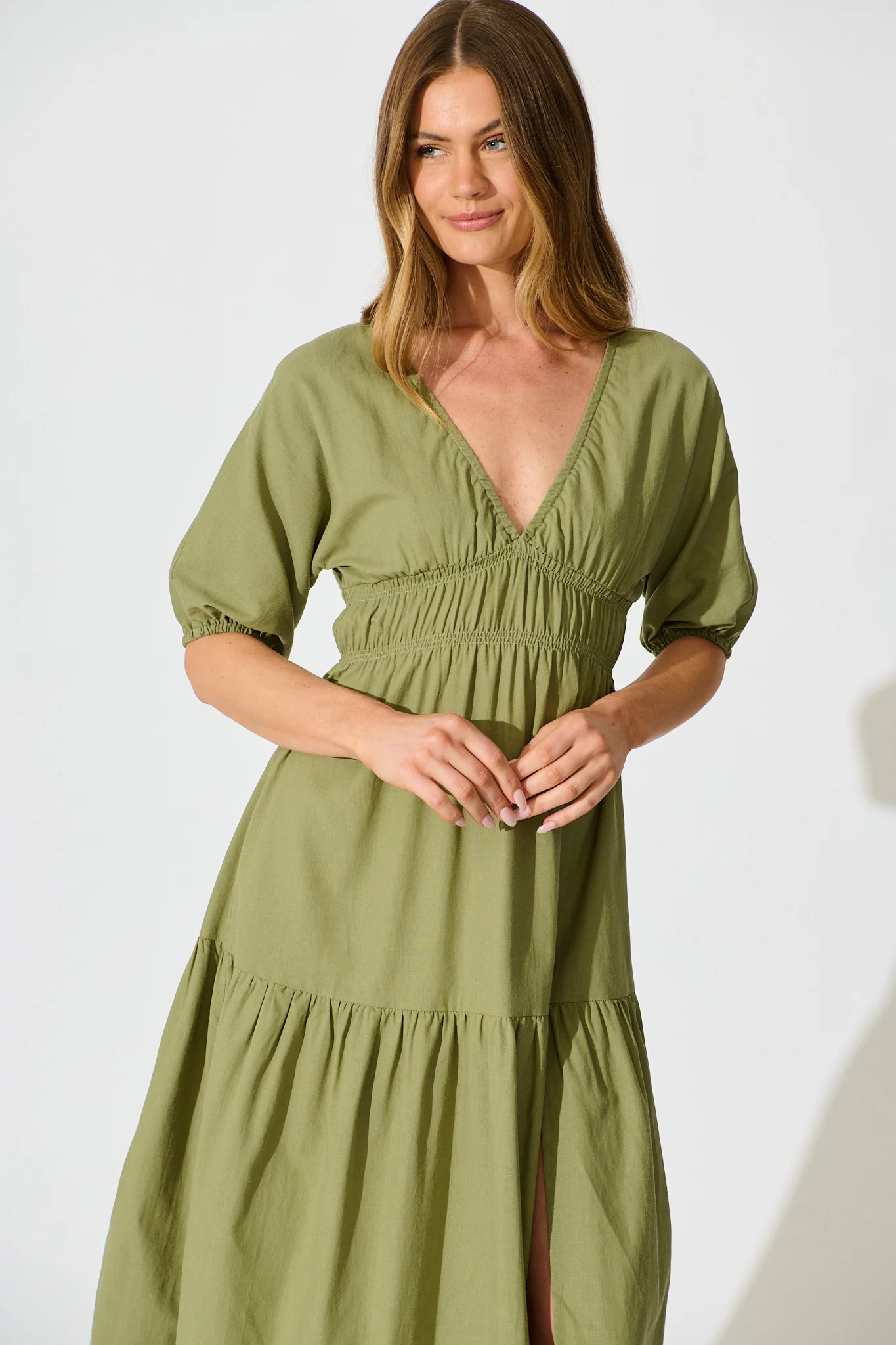 Cobana Midi Dress in Sage Cotton Linen - Image 2