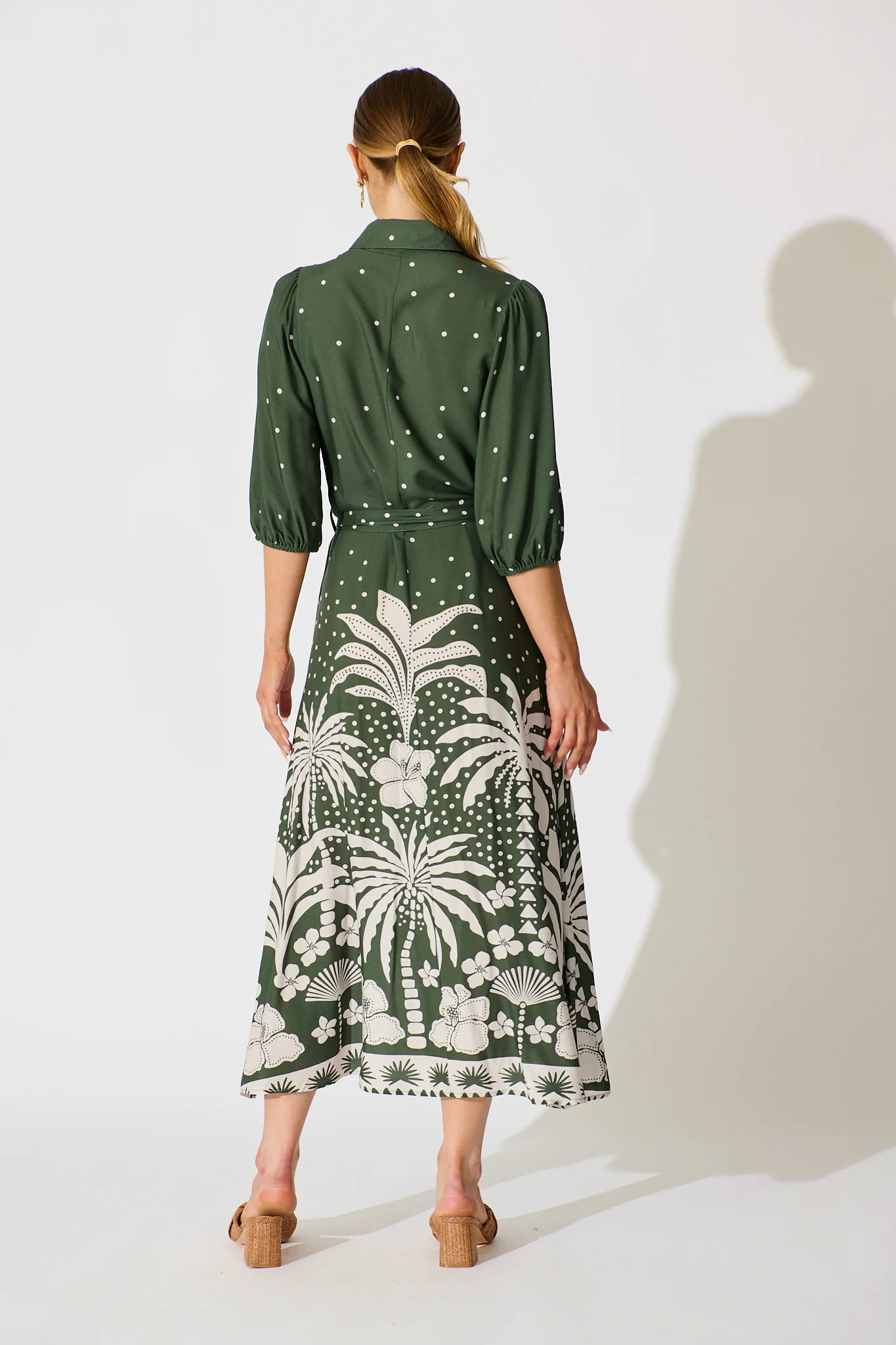 Coco Maxi Shirt Dress in Emerald with White Palm Print - Image 4