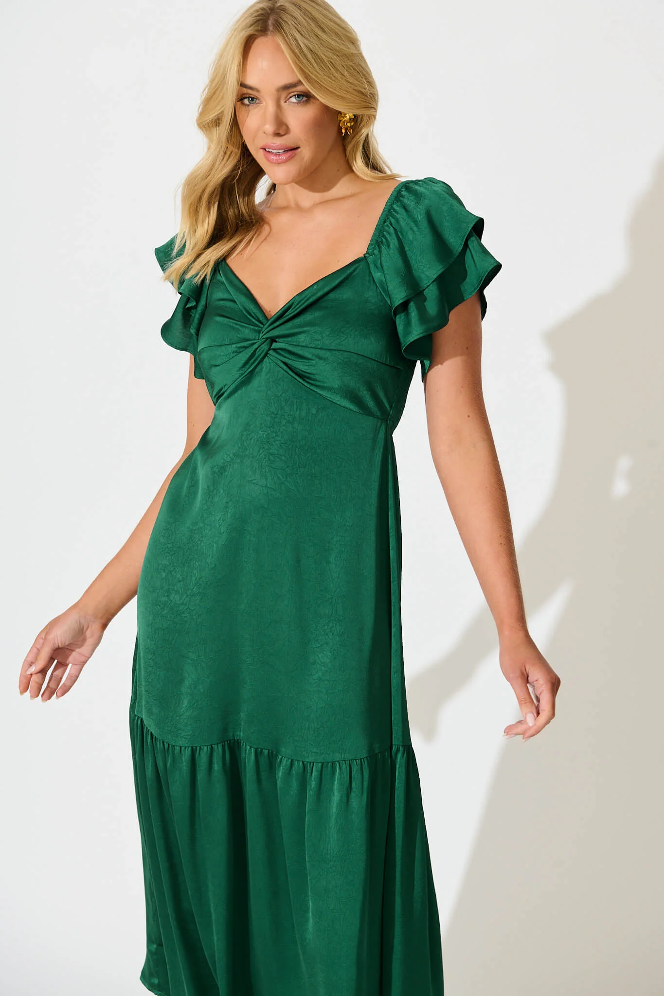 Constantine Maxi Dress in Emerald Green Crinkle Satin - Image 2