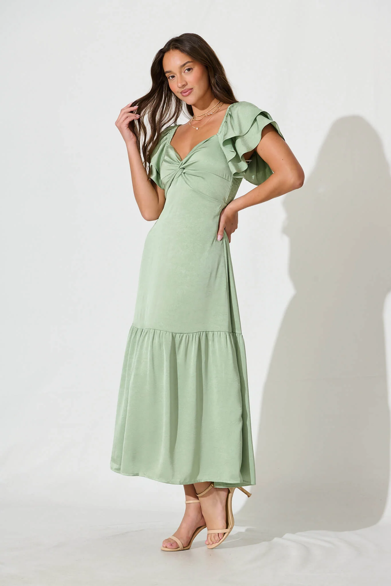 Constantine Maxi Dress In Pale Green Crinkle Satin - Image 3