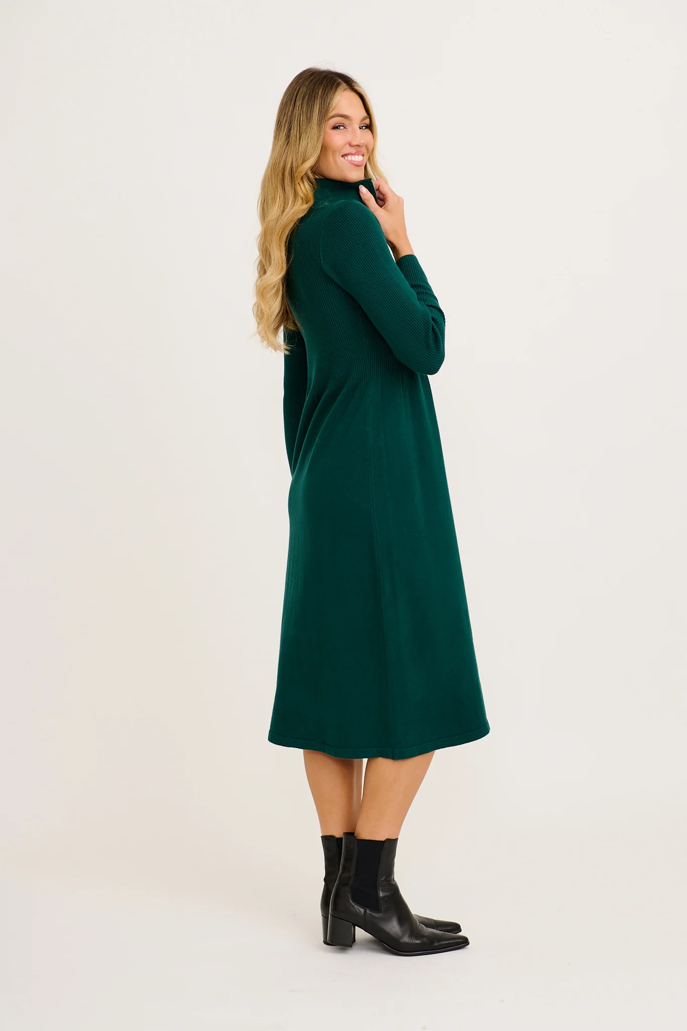 Contour Knit Zip Midi Dress in Green - Image 3
