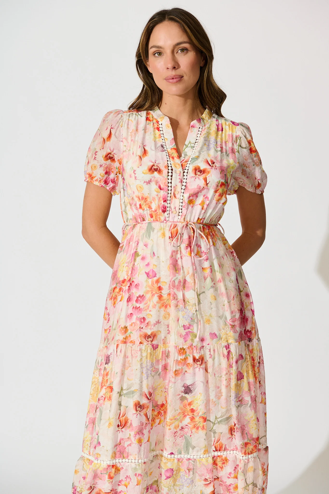 Cosima Midi Dress in Pink with Multi Watercolour Floral - Image 2