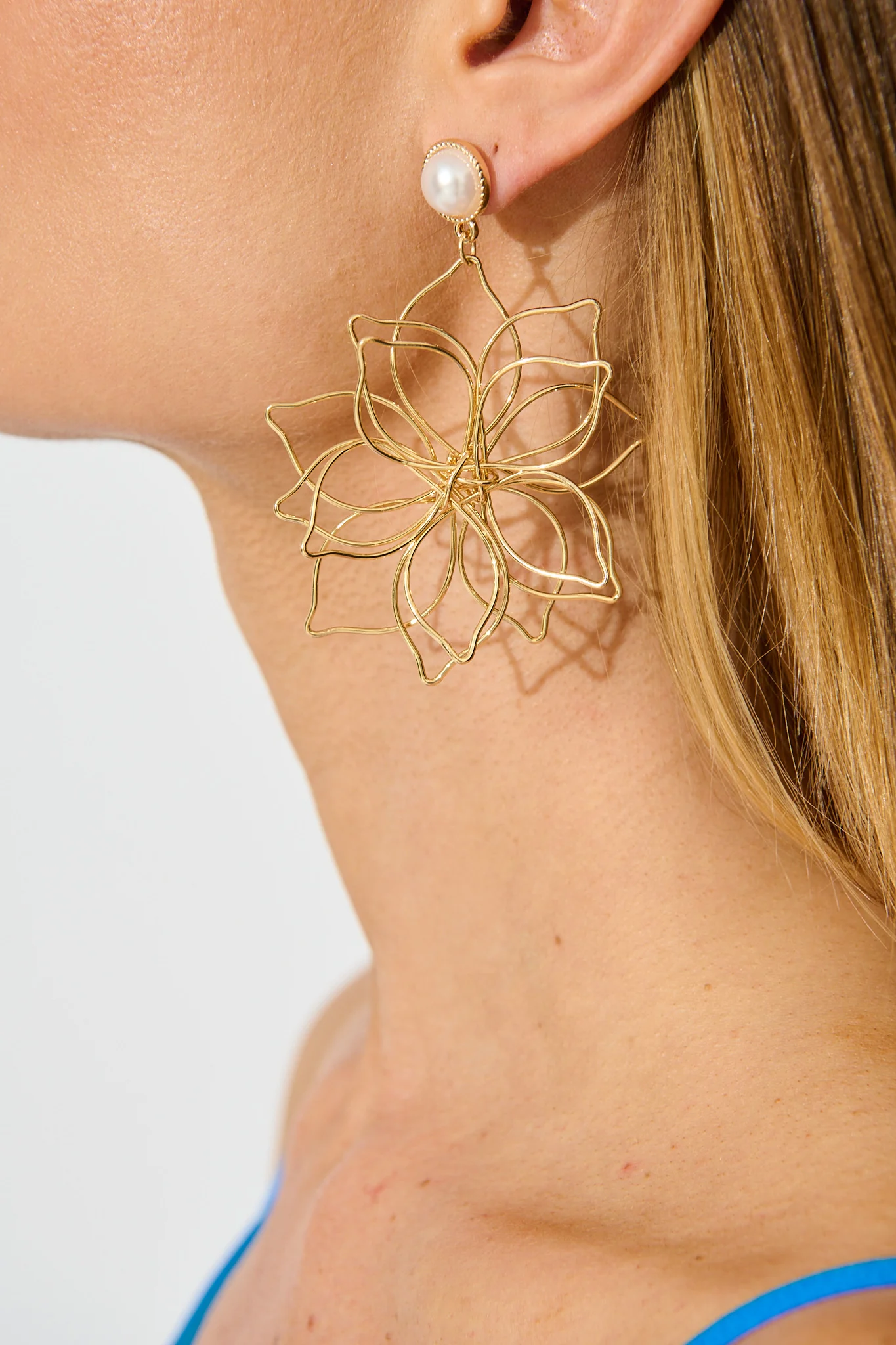 Costa Floral Drop Earrings in Gold with Pearl - Image 4