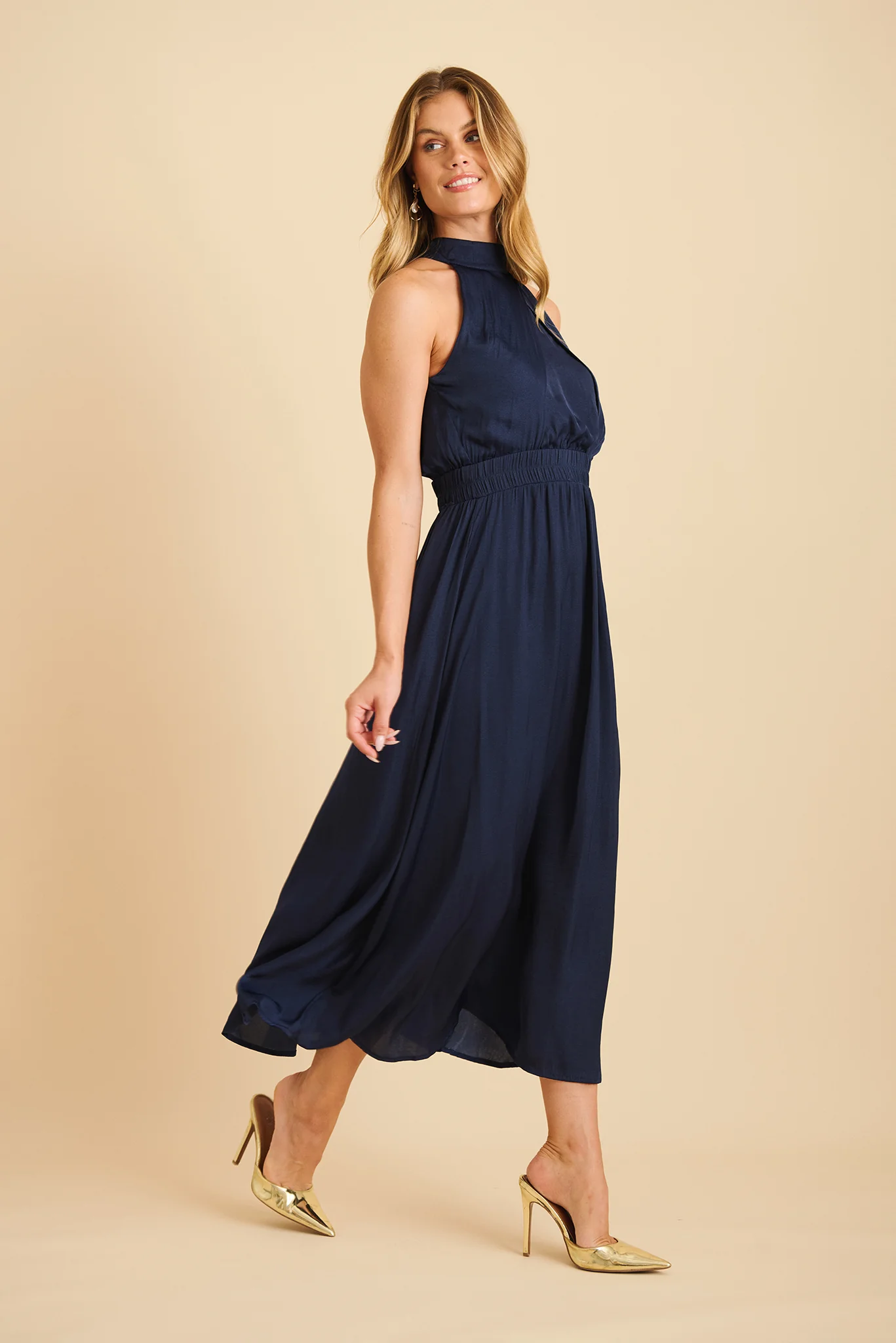 Costa Rica Halter Neck Maxi Dress in Navy Satin - Image 2