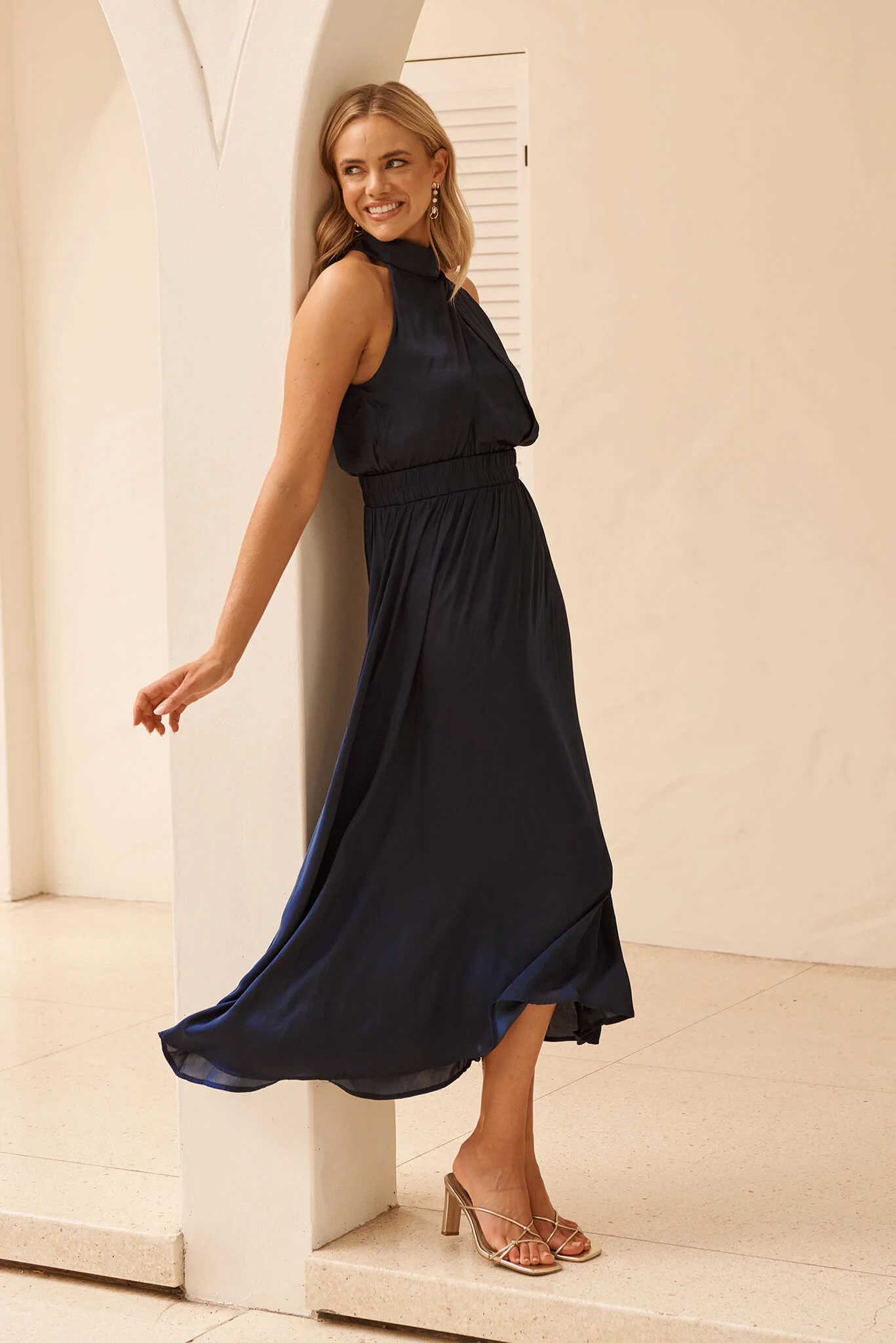 Costa Rica Halter Neck Maxi Dress in Navy Satin - Image 3