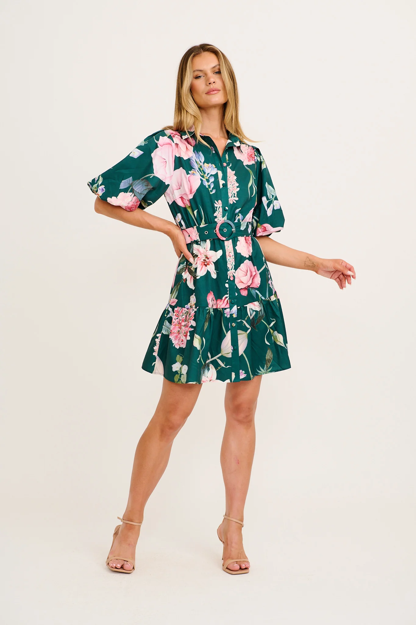 Courtney Shirt Dress in Green with Blush Floral