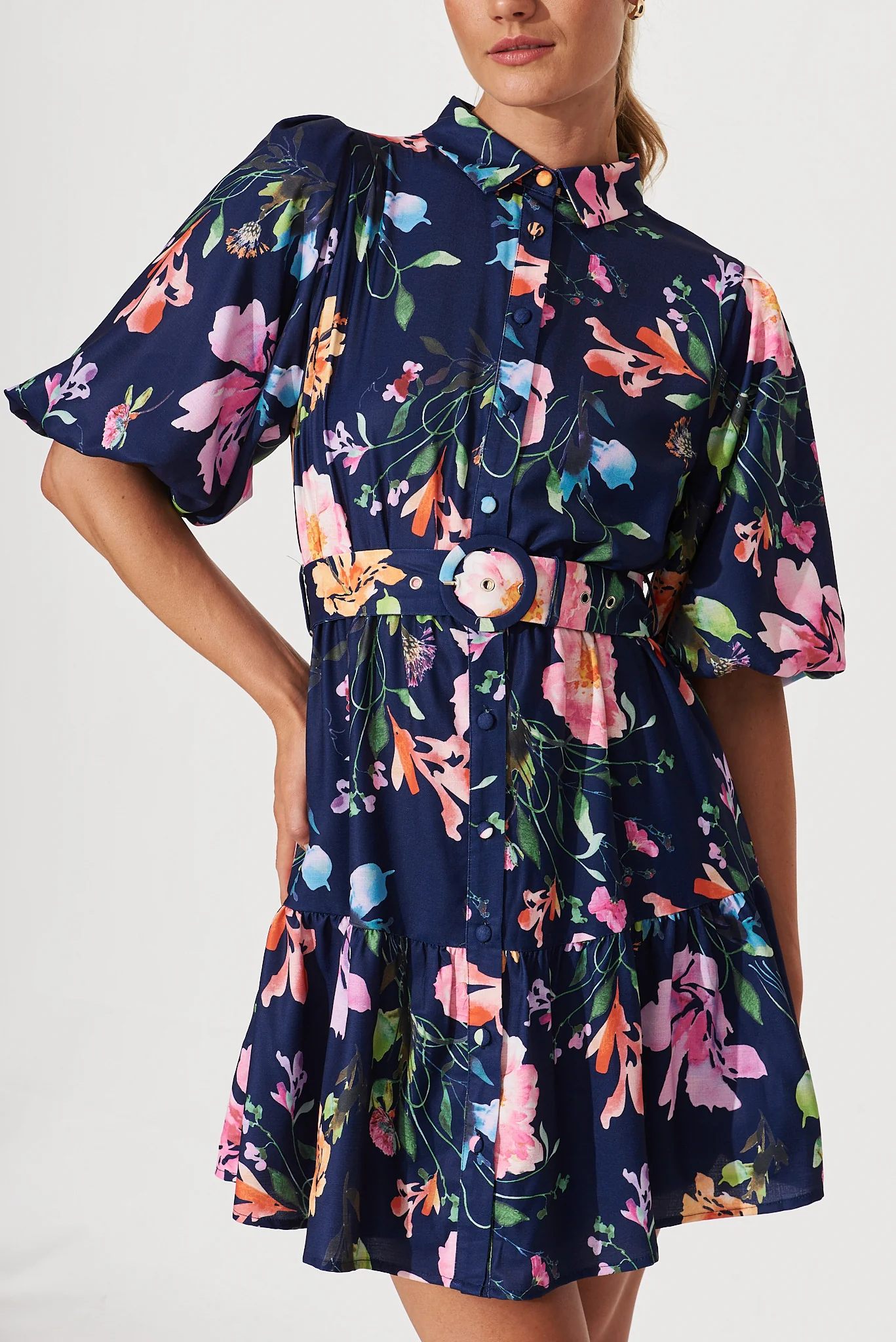 Courtney Shirt Dress In Navy With Multi Floral Print - Image 5