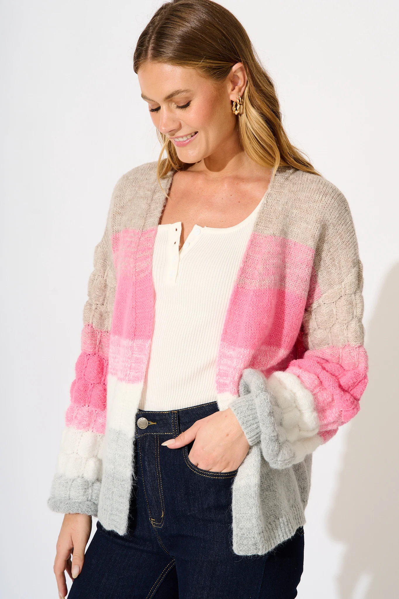 Darbie Knit Cardigan in Pink with Grey Stripe Wool Blend - Image 2