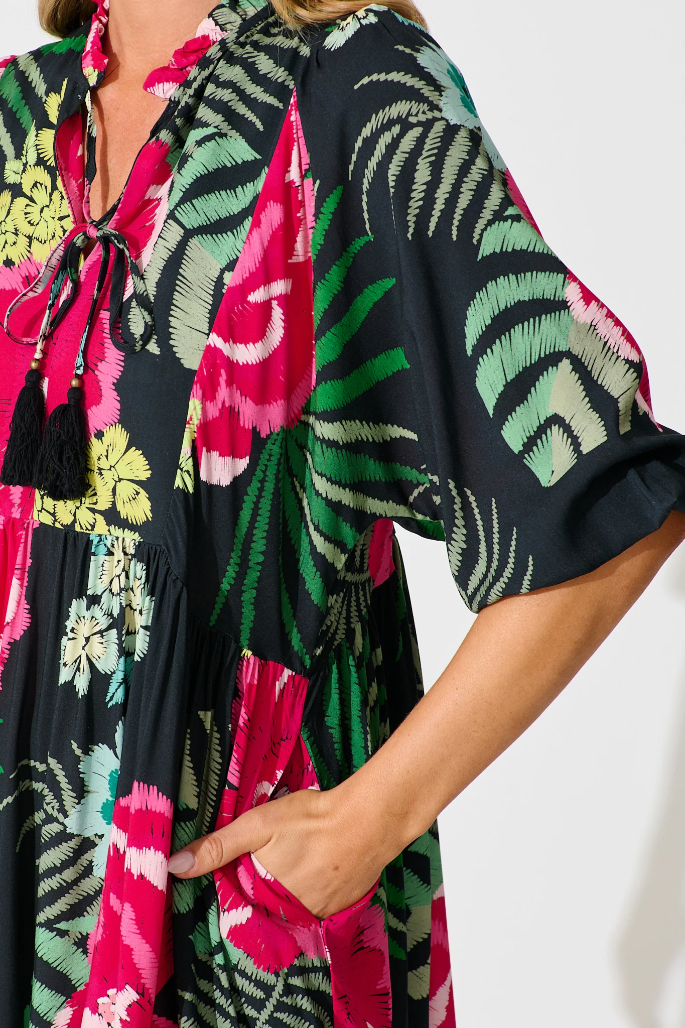 Darcie Smock Dress In Black with Pink Floral - Image 5