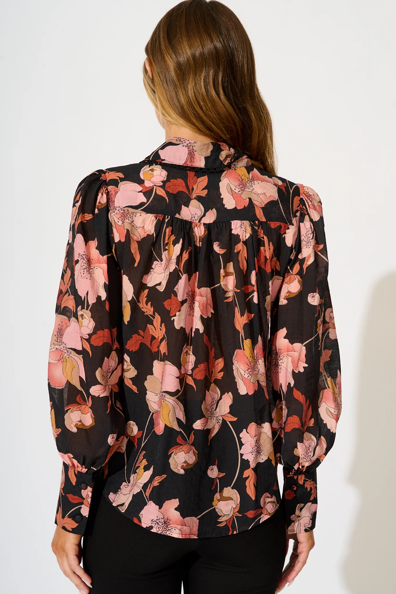 Davies Shirt in Black Floral with Black Lace Trim - Image 3