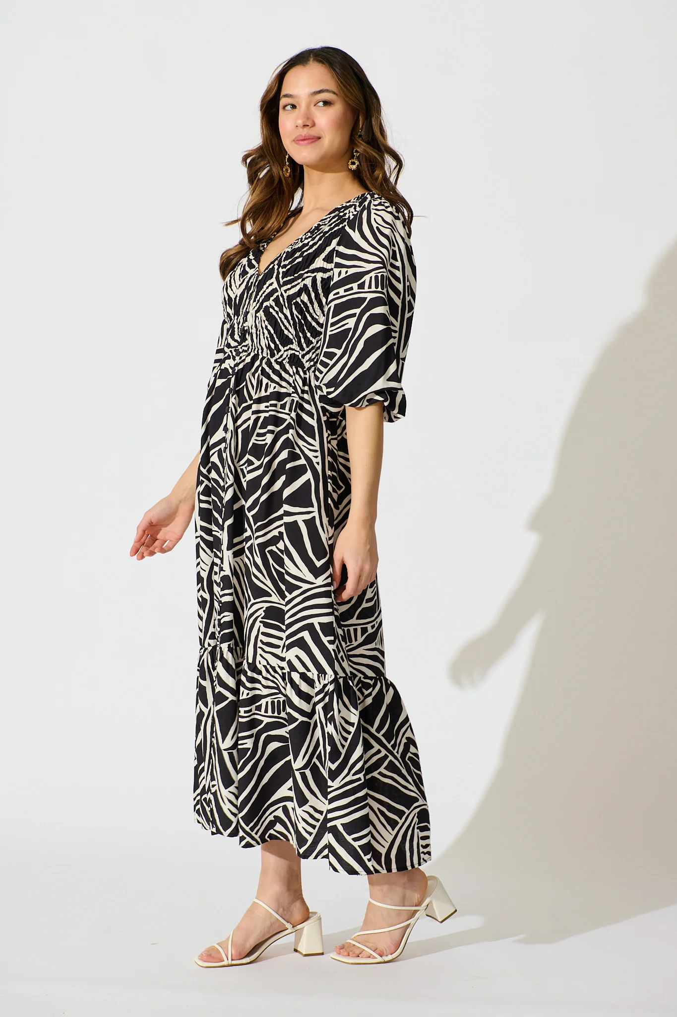 Davina Midi Smock Dress in Black and White Cotton Blend - Image 3