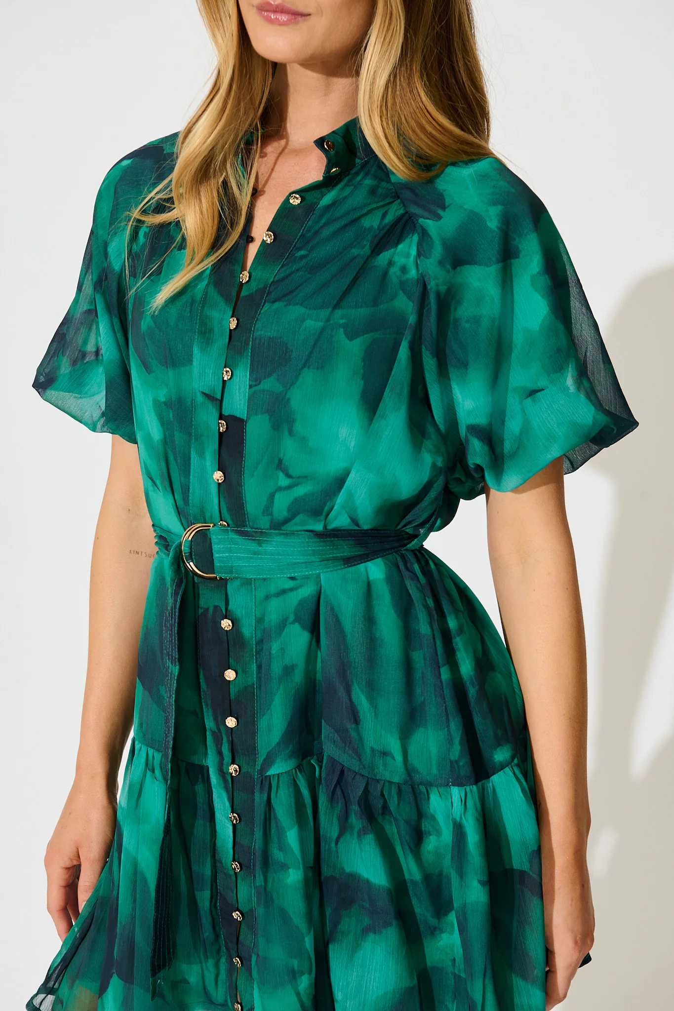 Dawnfall Dress in Green Watercolour Chiffon - Image 5