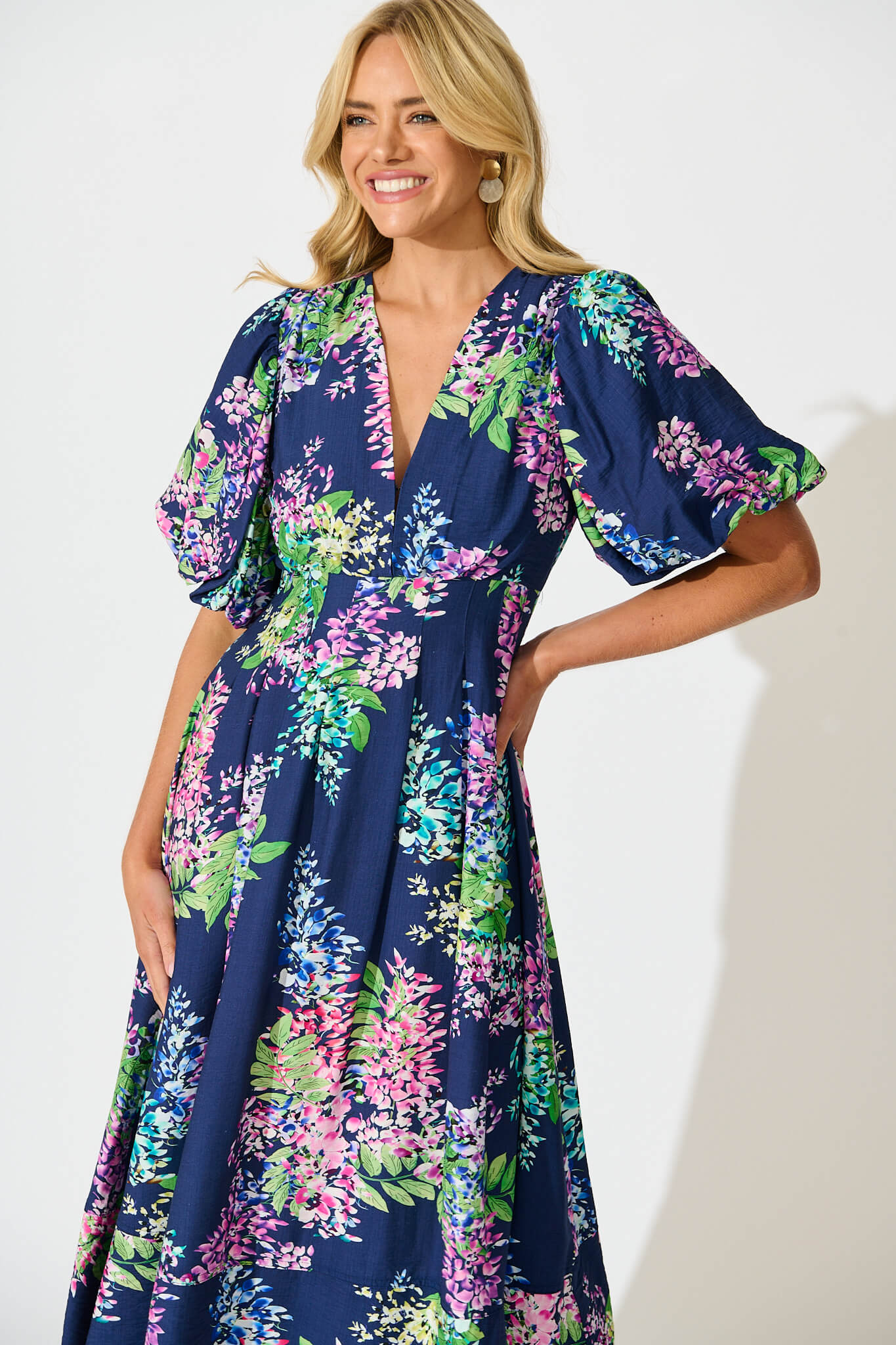 Daydreamer Midi Dress in Navy Wisteria Print - Image 2