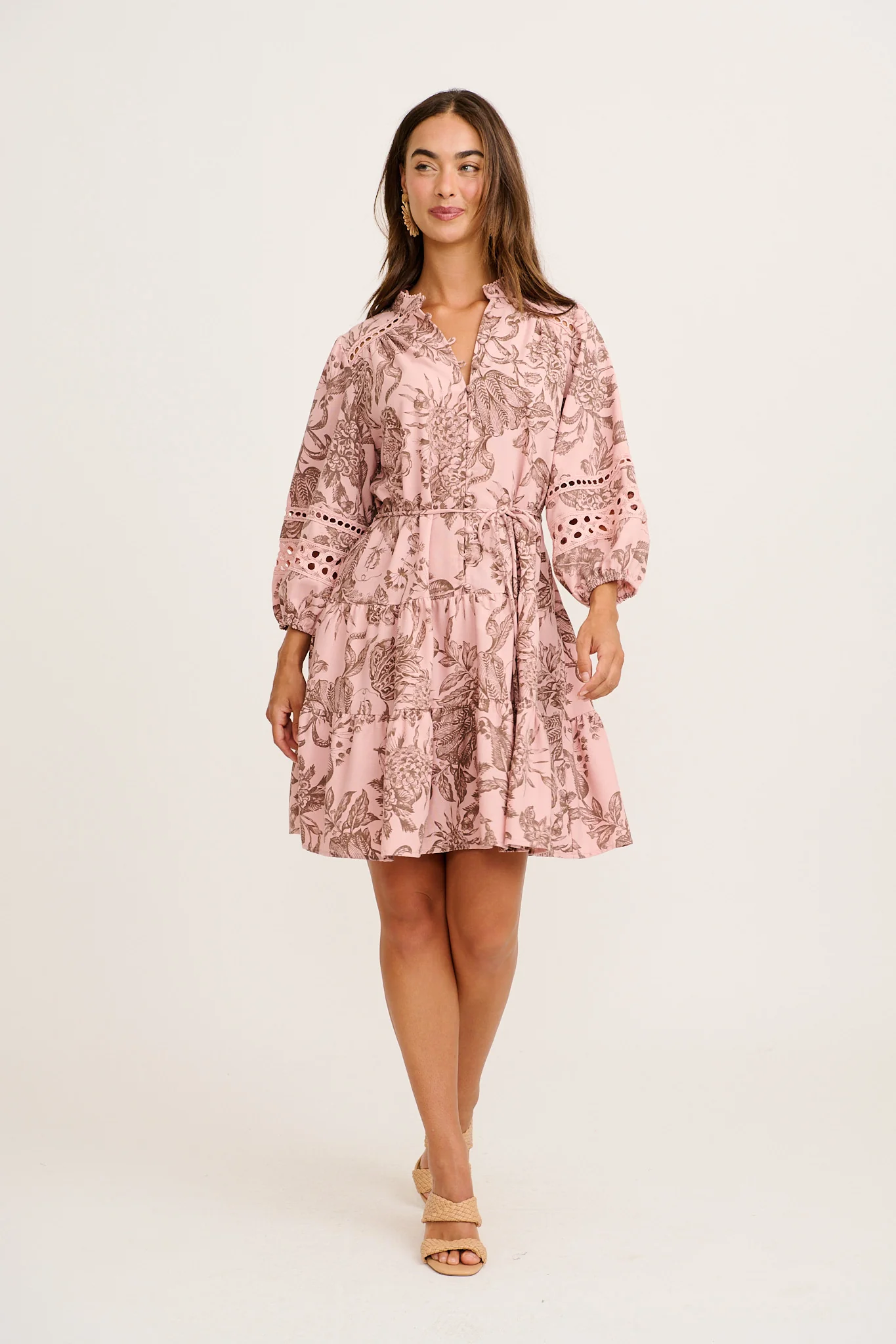Daze Dress in Pink with Brown Leaf Cotton Linen - Image 3