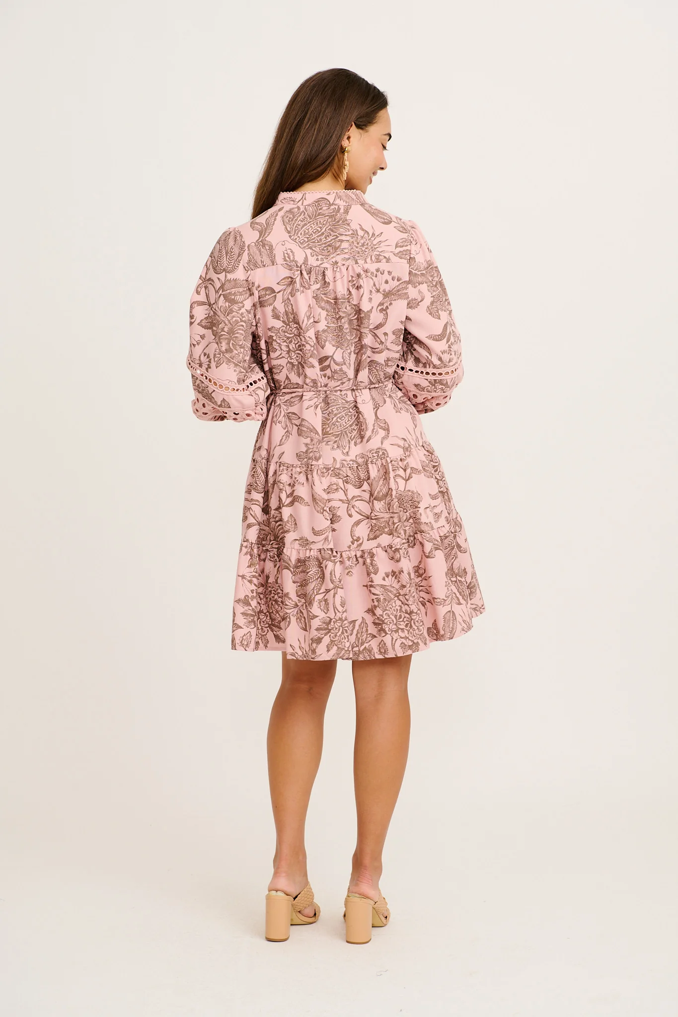 Daze Dress in Pink with Brown Leaf Cotton Linen - Image 9