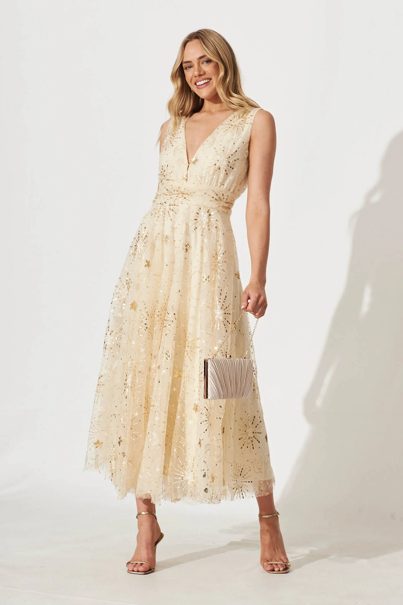 Dazzle Maxi Dress In Gold Sequin Tulle - Image 2