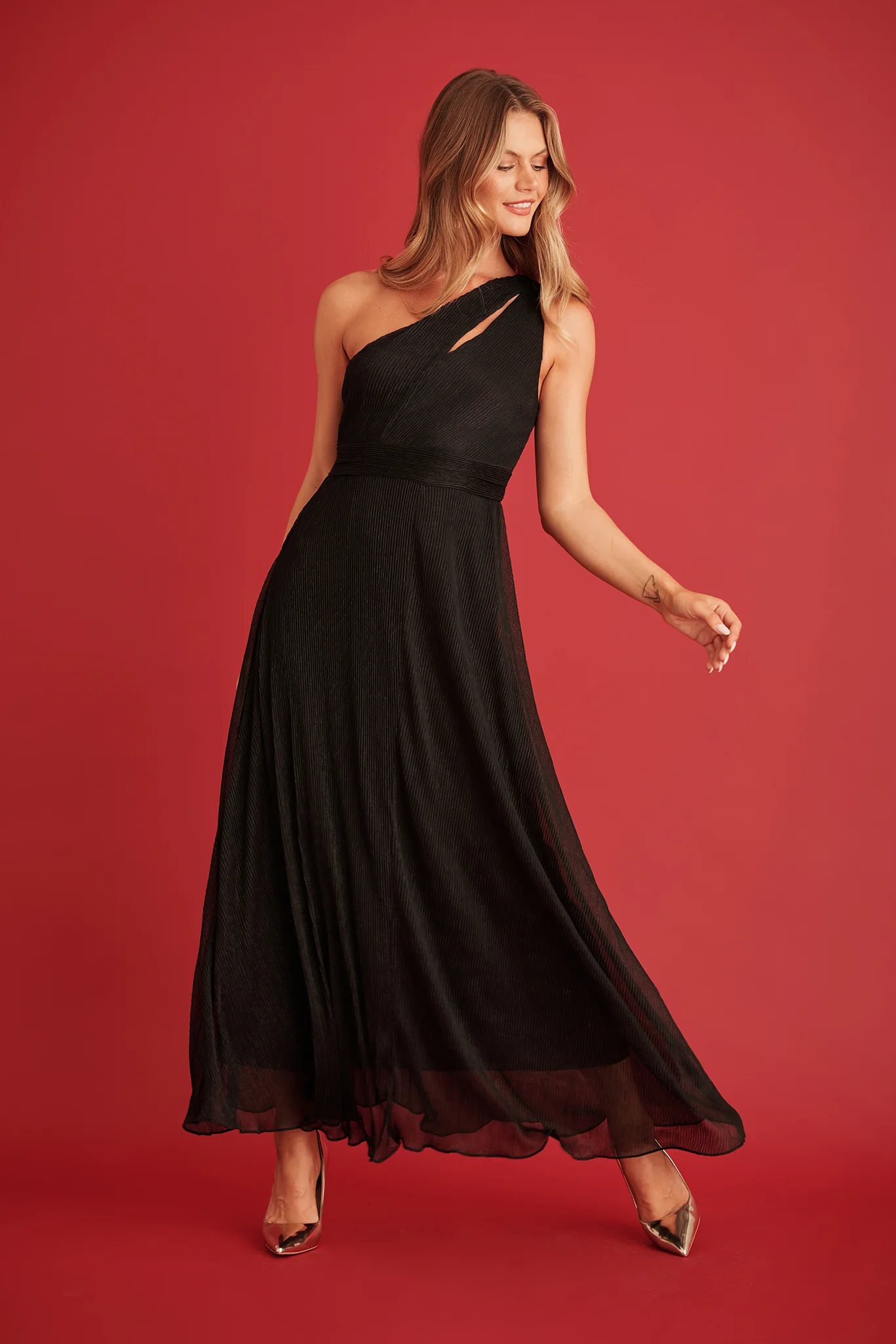 Dazzling One Shoulder Maxi Dress In Black Lurex