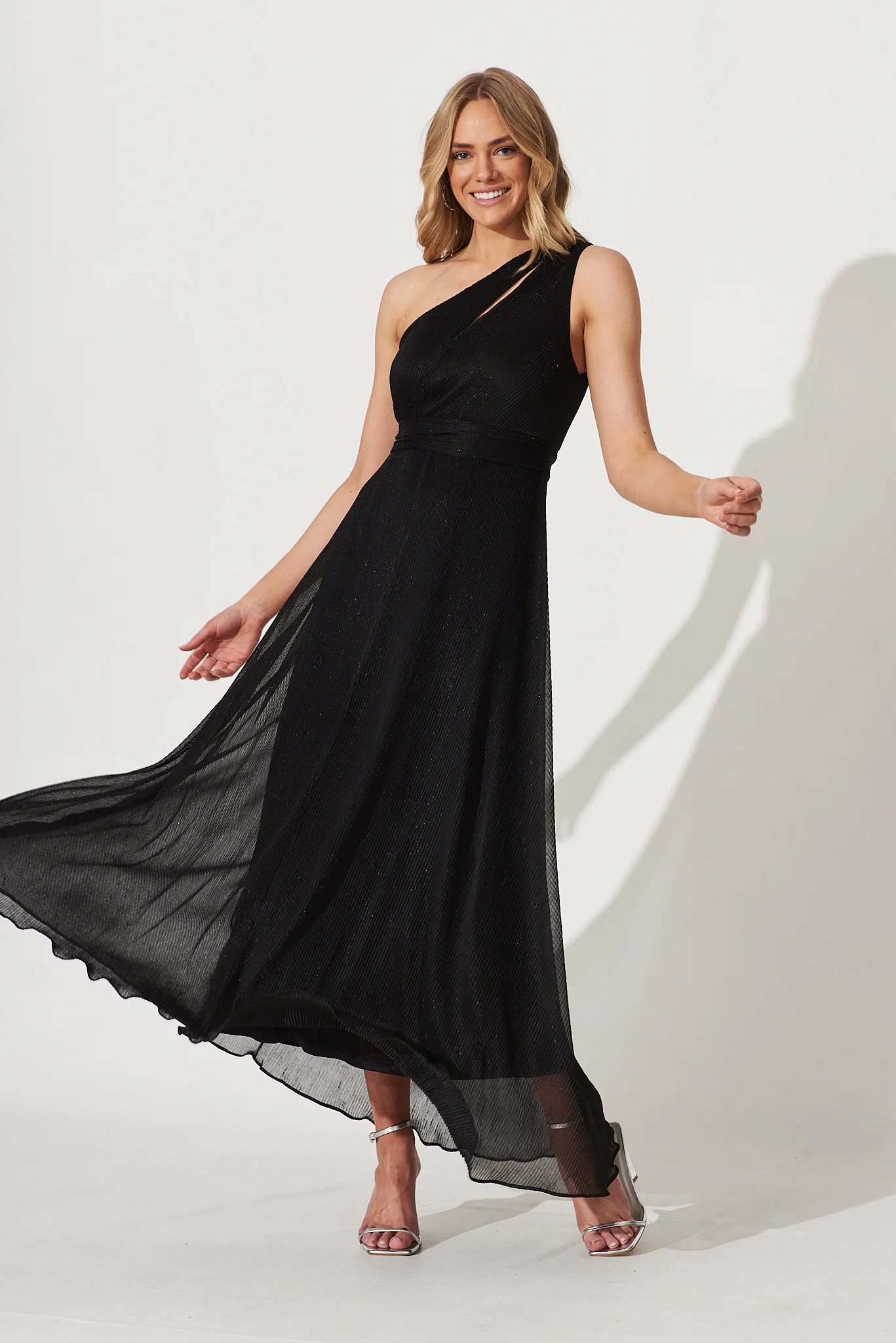 Dazzling One Shoulder Maxi Dress In Black Lurex - Image 2