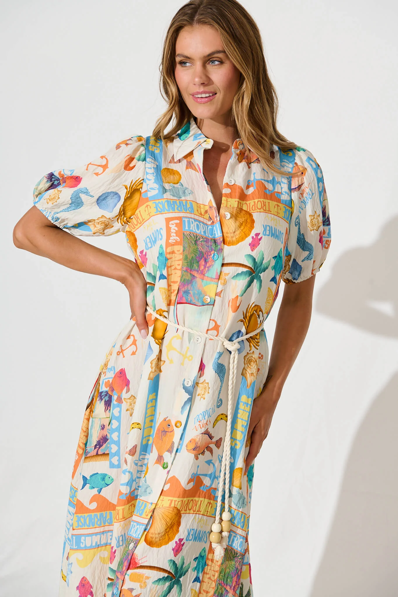 Dearest Midi Shirt Dress In Cream With Multi Summer Print - Image 2