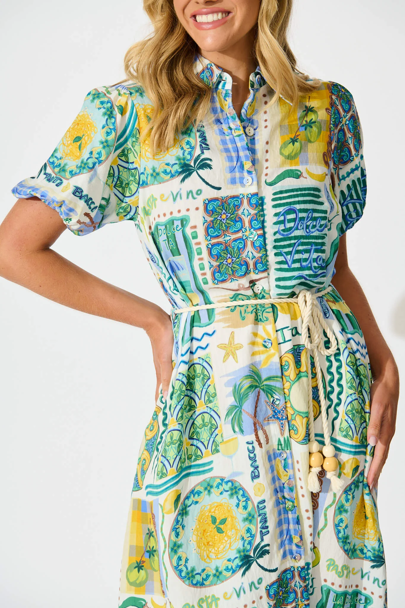 Dearest Midi Shirt Dress In Green Multi Border Print - Image 5