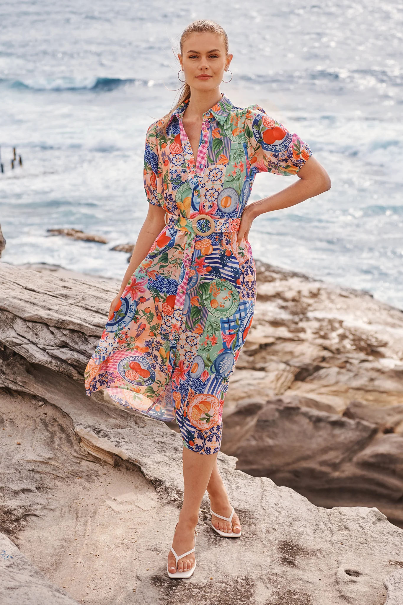 Dearest Midi Shirt Dress in Multi Fruit Patchwork Linen Blend