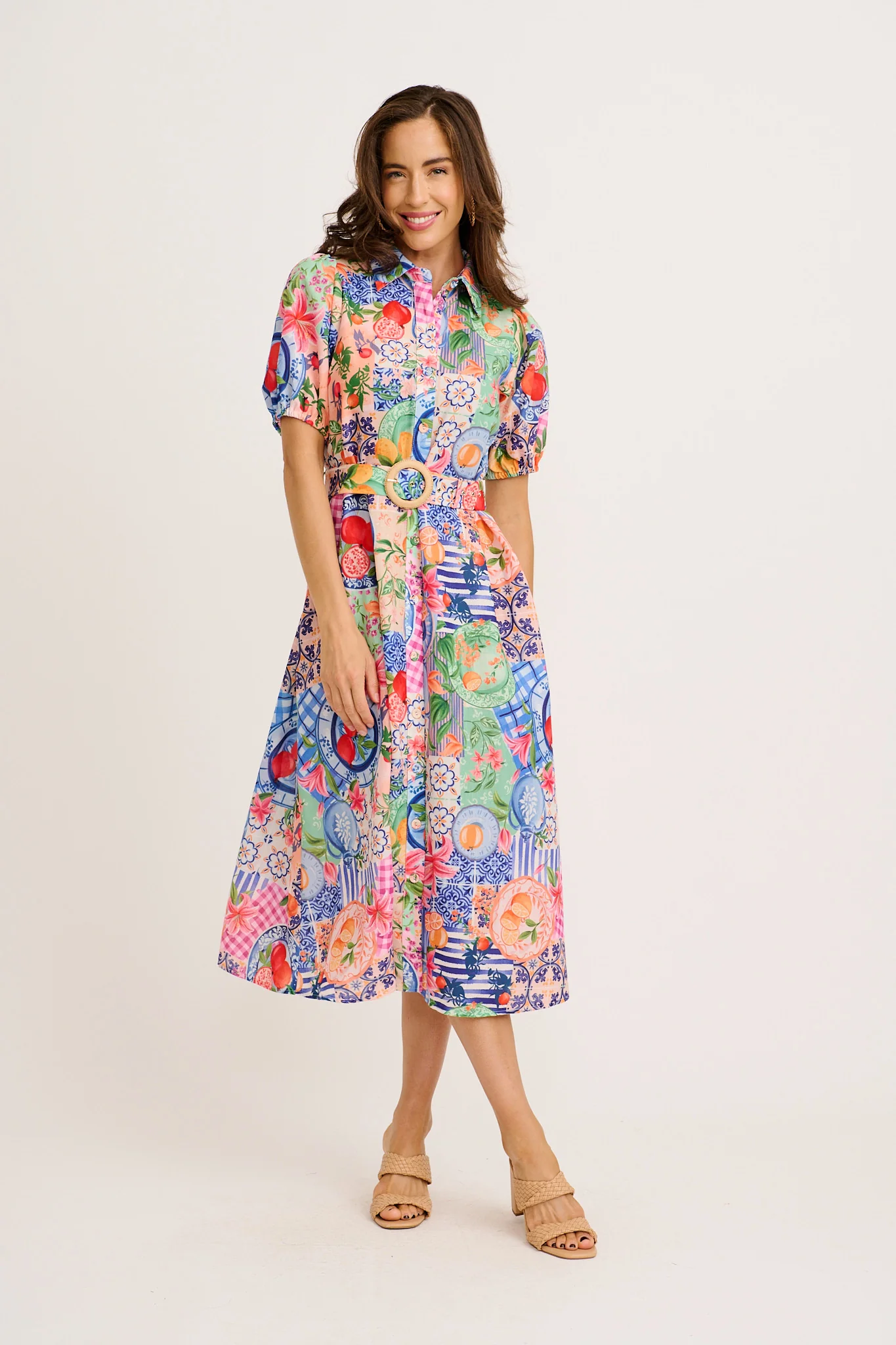 Dearest Midi Shirt Dress in Multi Fruit Patchwork Linen Blend - Image 3