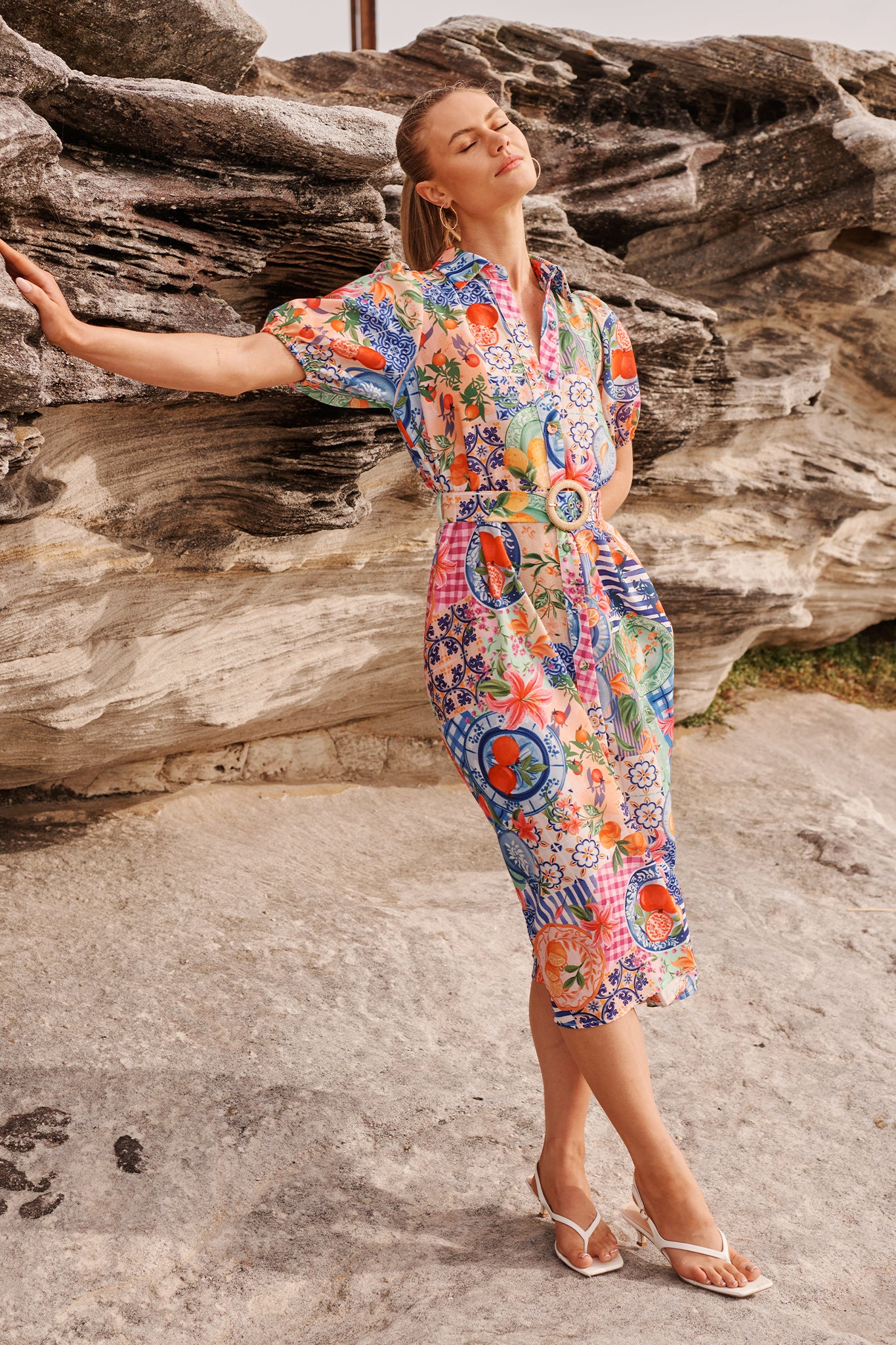 Dearest Midi Shirt Dress in Multi Fruit Patchwork Linen Blend - Image 6