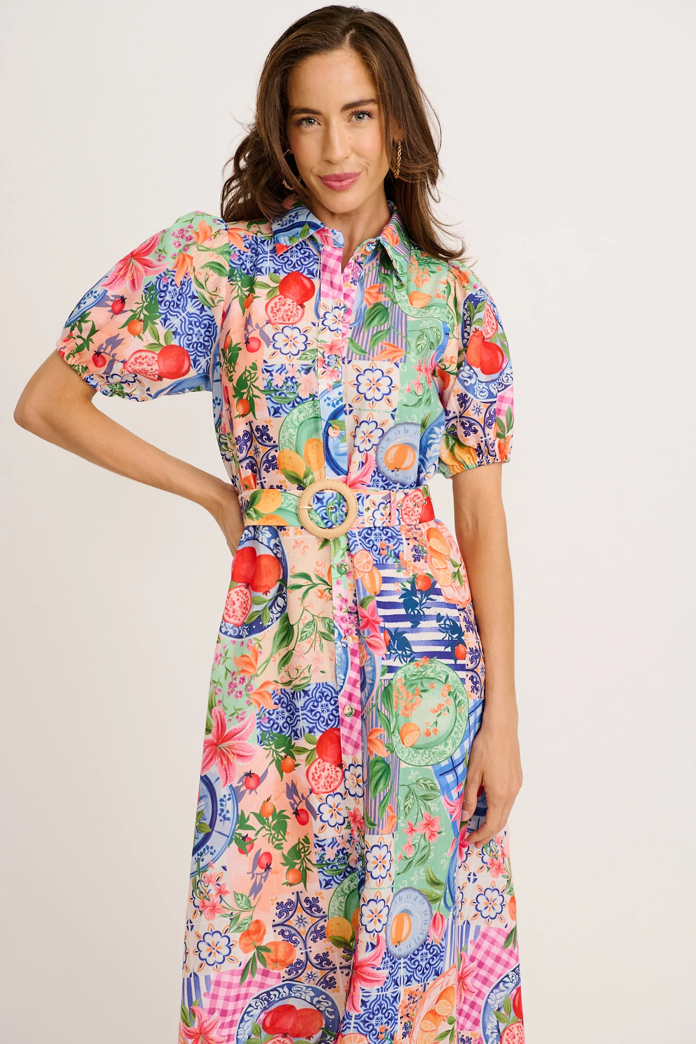 Dearest Midi Shirt Dress in Multi Fruit Patchwork Linen Blend - Image 7