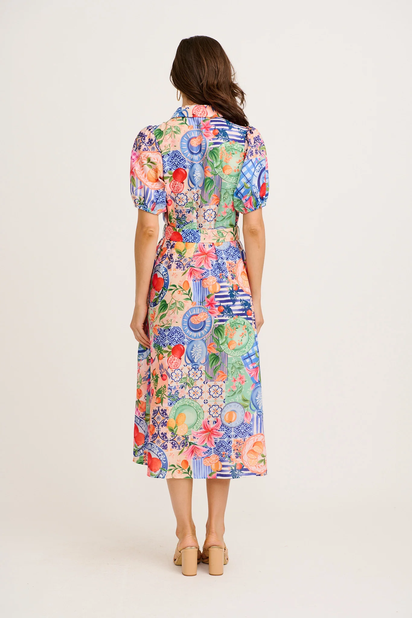 Dearest Midi Shirt Dress in Multi Fruit Patchwork Linen Blend - Image 9