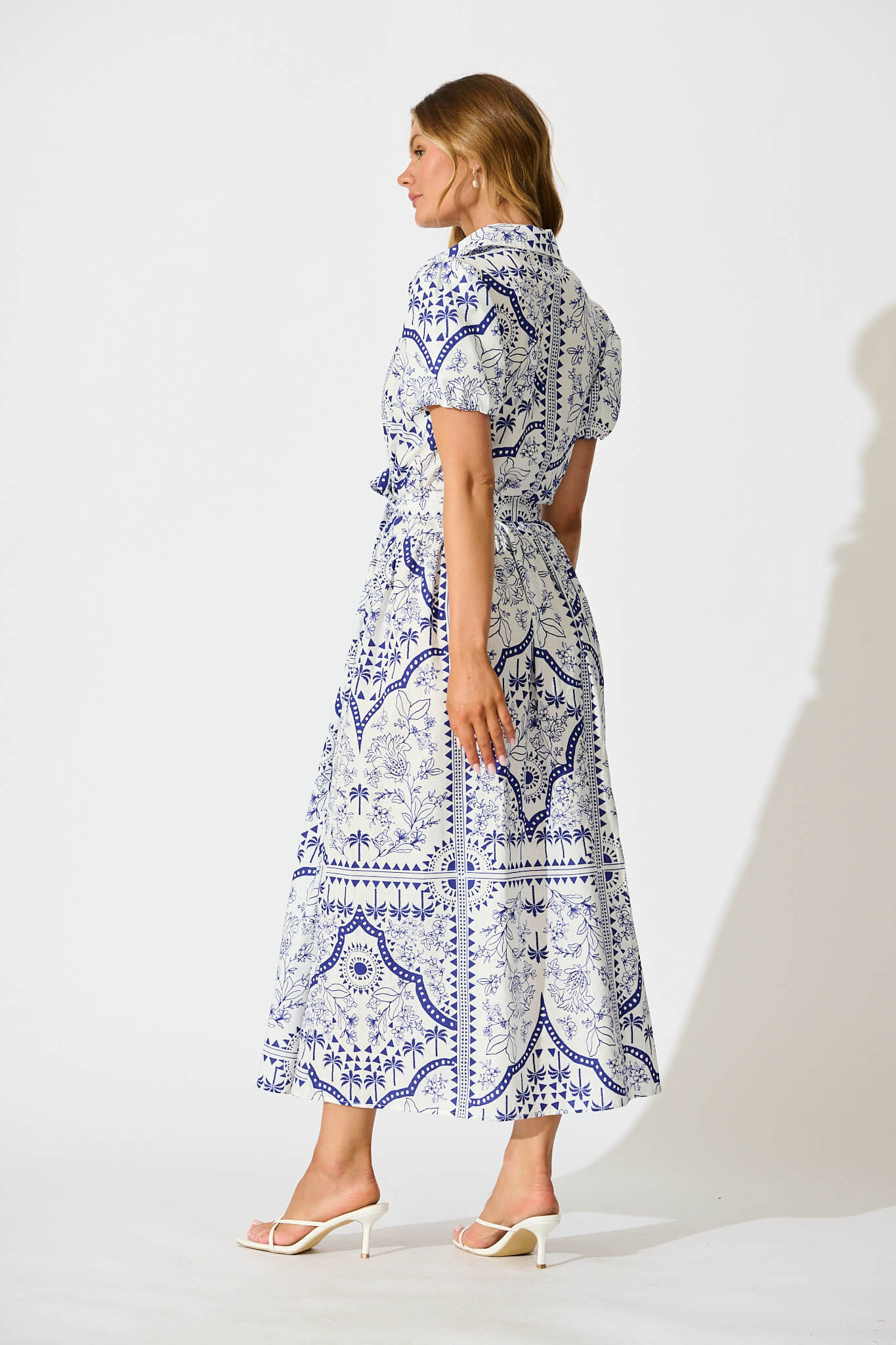 Delsanti Maxi Shirt Dress In White and Blue Cotton Linen - Image 4