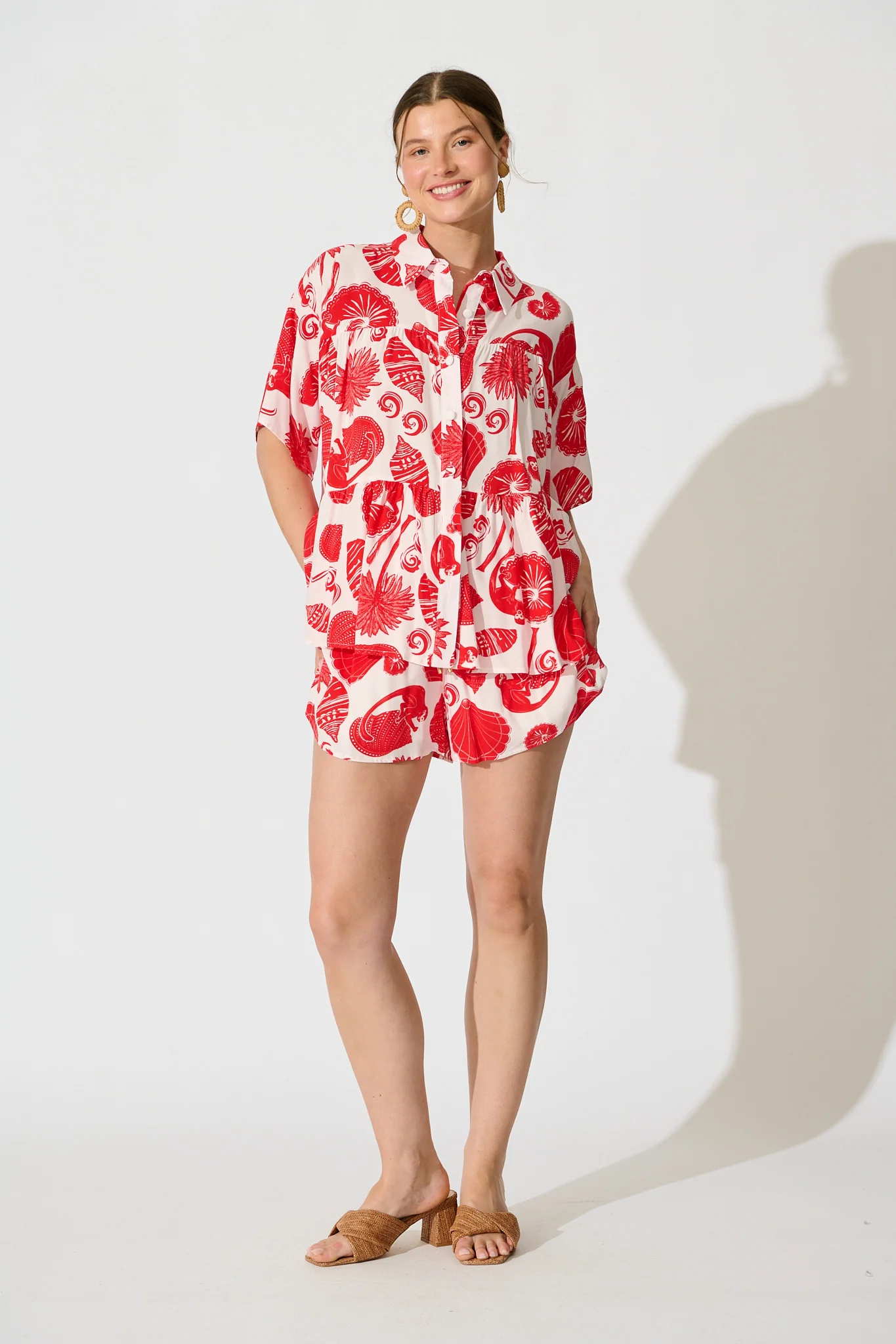 Deltina Shirt in Off White with Red Shell Print - Image 5