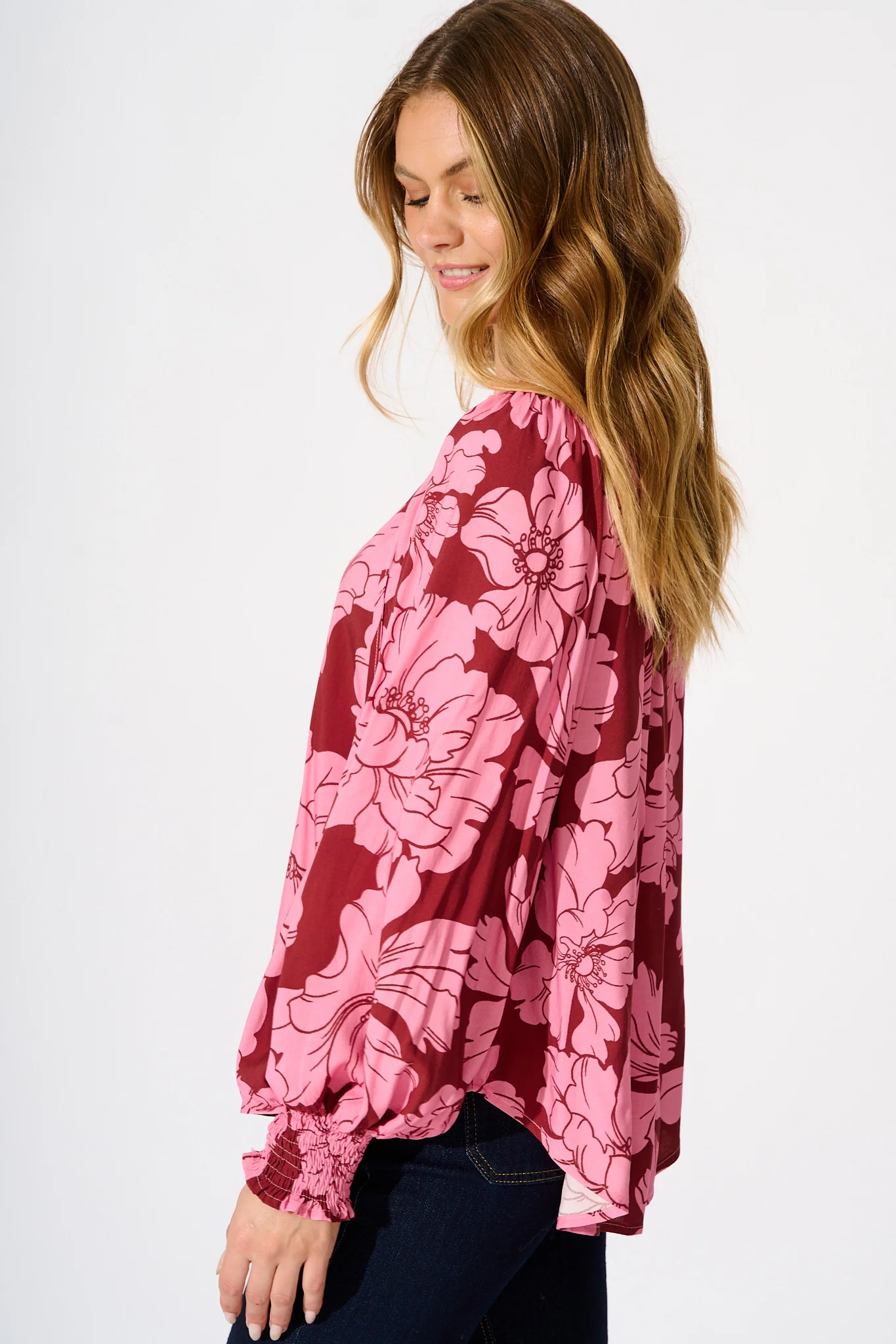 Devotion Top in Wine with Pink Floral - Image 5