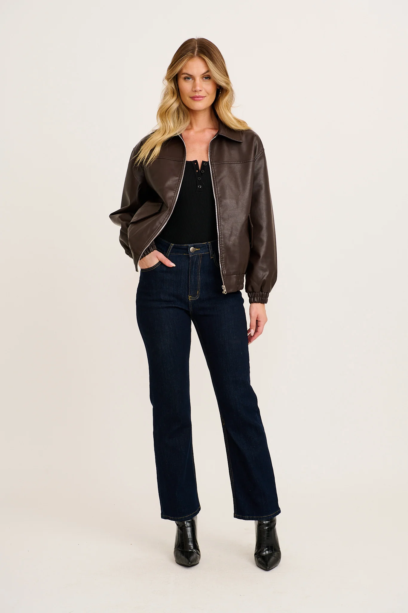 Dewdrop Bomber Jacket in Chocolate Leatherette - Image 9