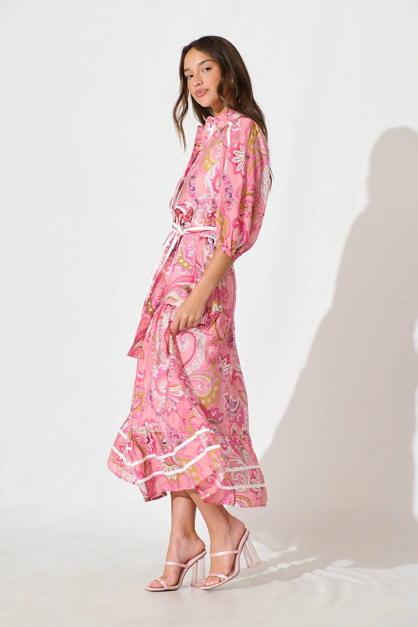 Dion Maxi Shirt Dress In Multi Pink Print - Image 3