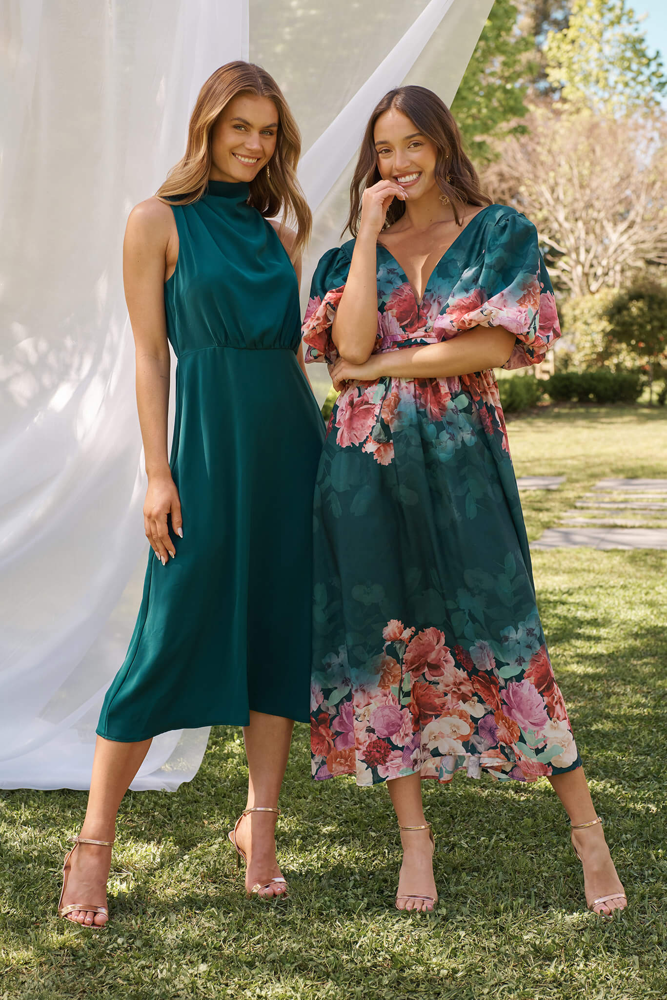 Divine Maxi Dress In Emerald With Pink Multi Floral Print - Image 3