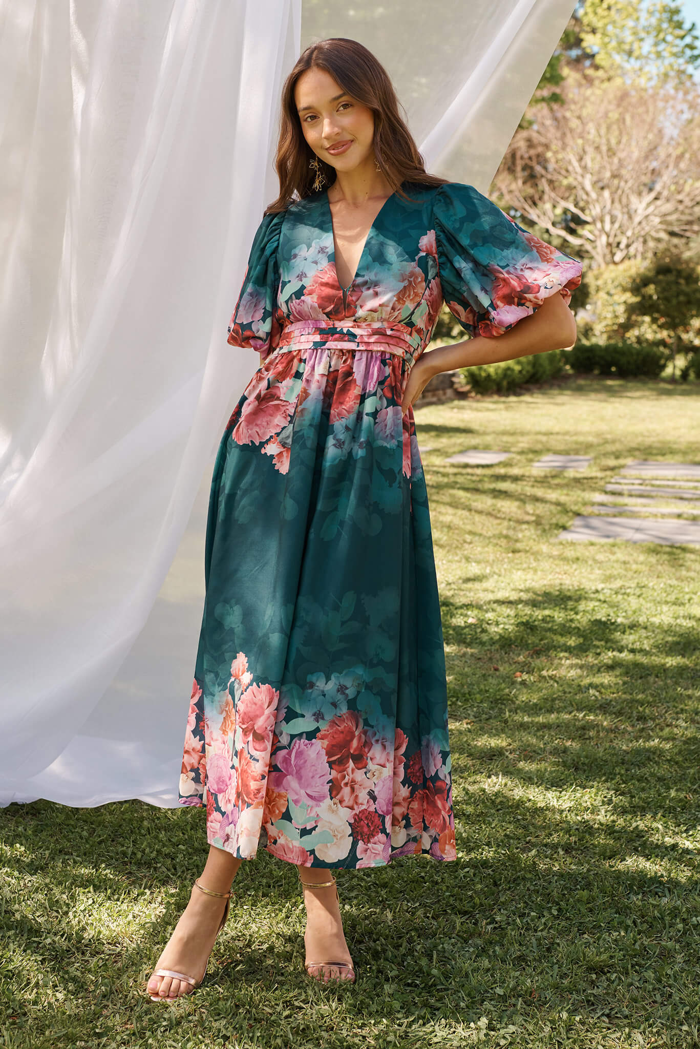 Divine Maxi Dress In Emerald With Pink Multi Floral Print - Image 4