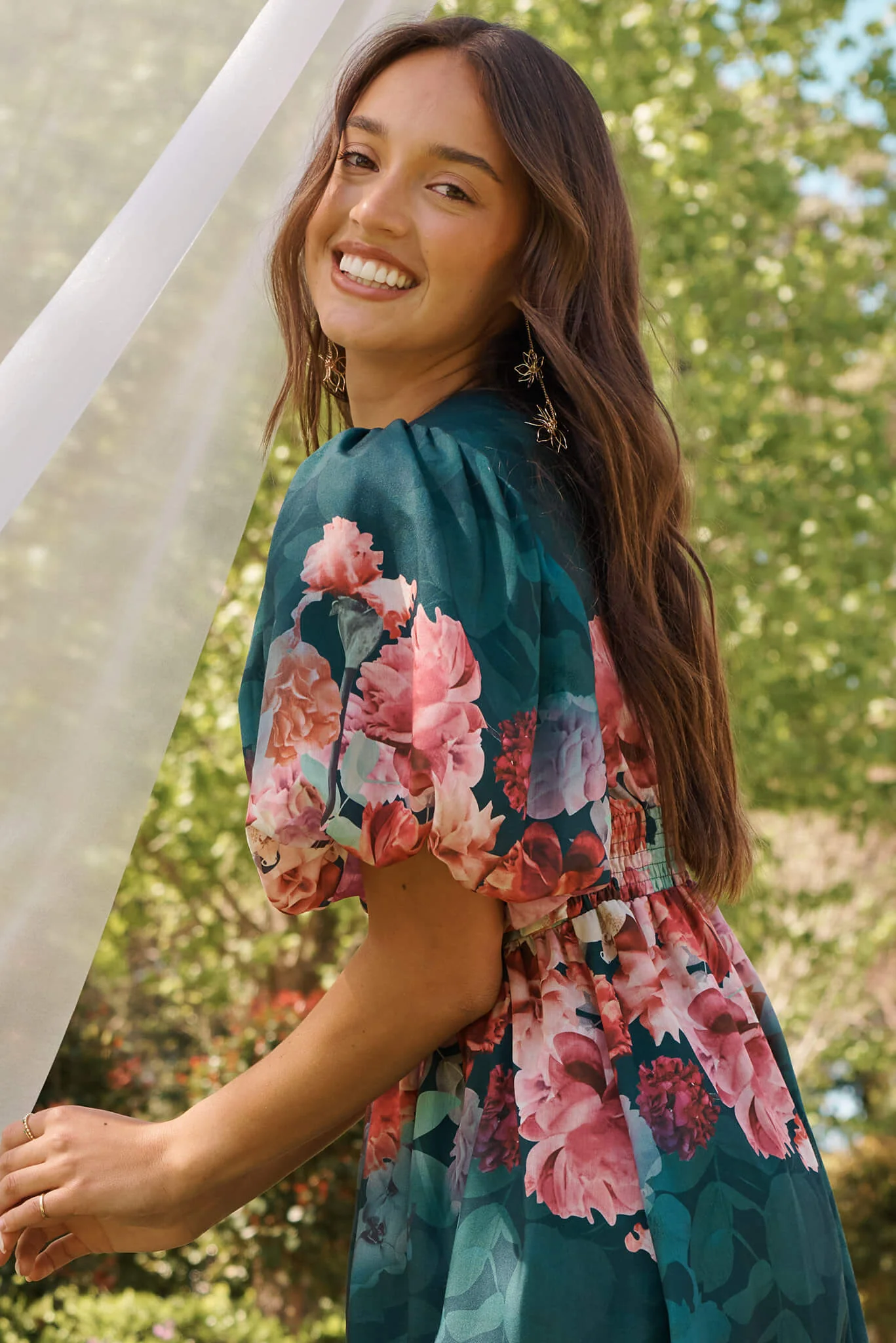 Divine Maxi Dress In Emerald With Pink Multi Floral Print - Image 5