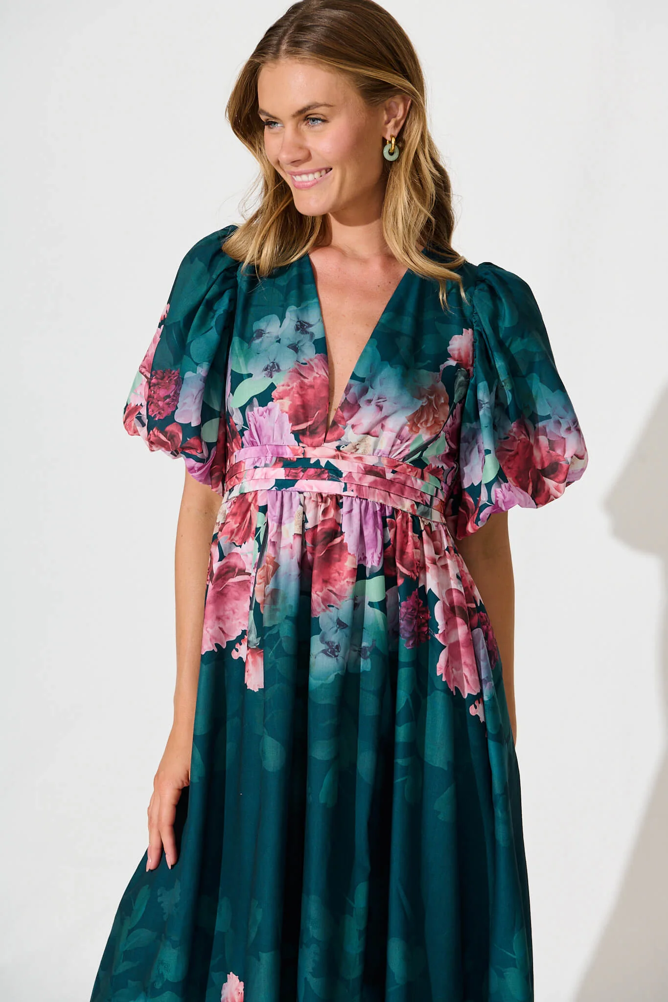 Divine Maxi Dress In Emerald With Pink Multi Floral Print - Image 6
