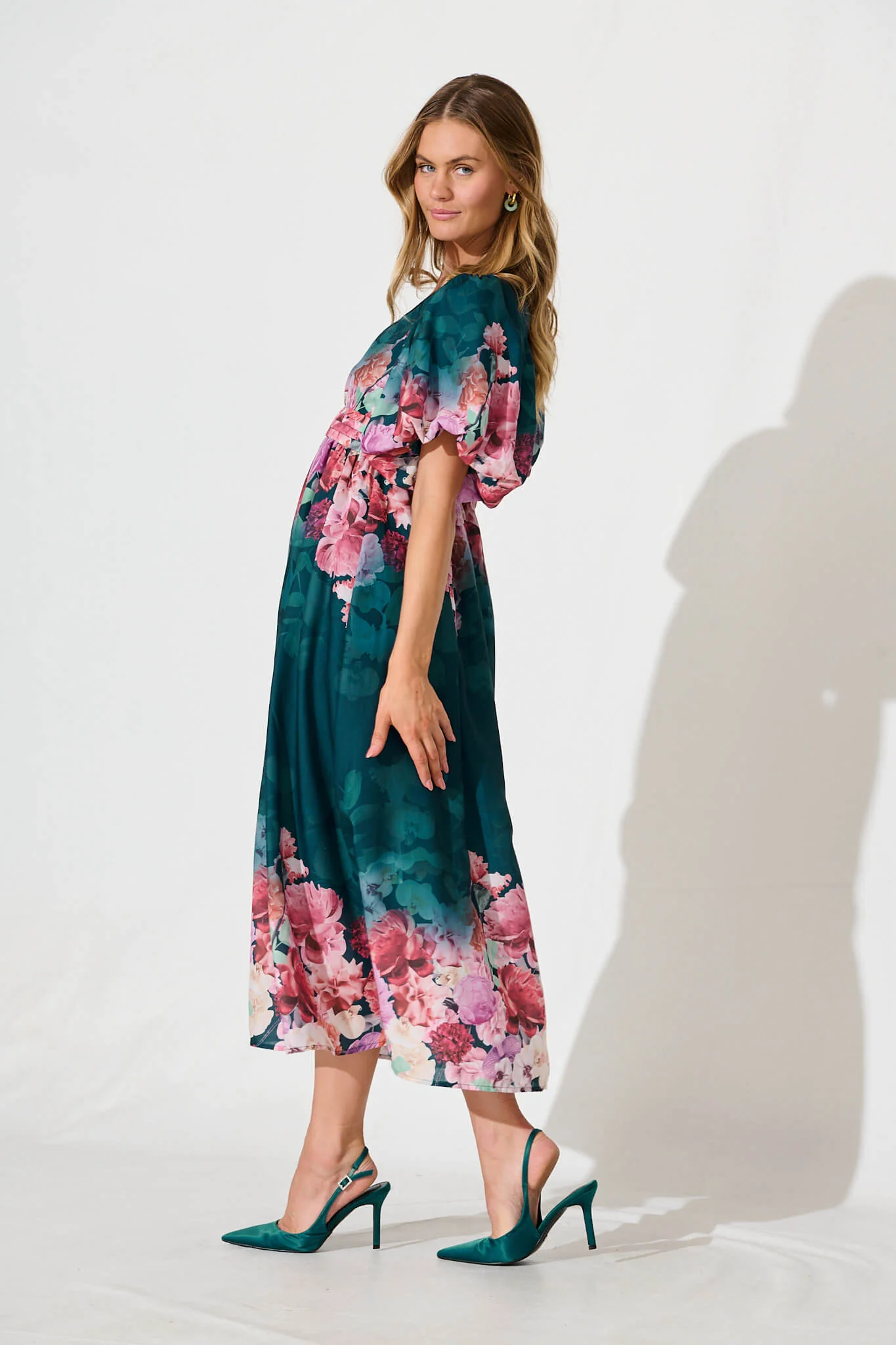 Divine Maxi Dress In Emerald With Pink Multi Floral Print - Image 7