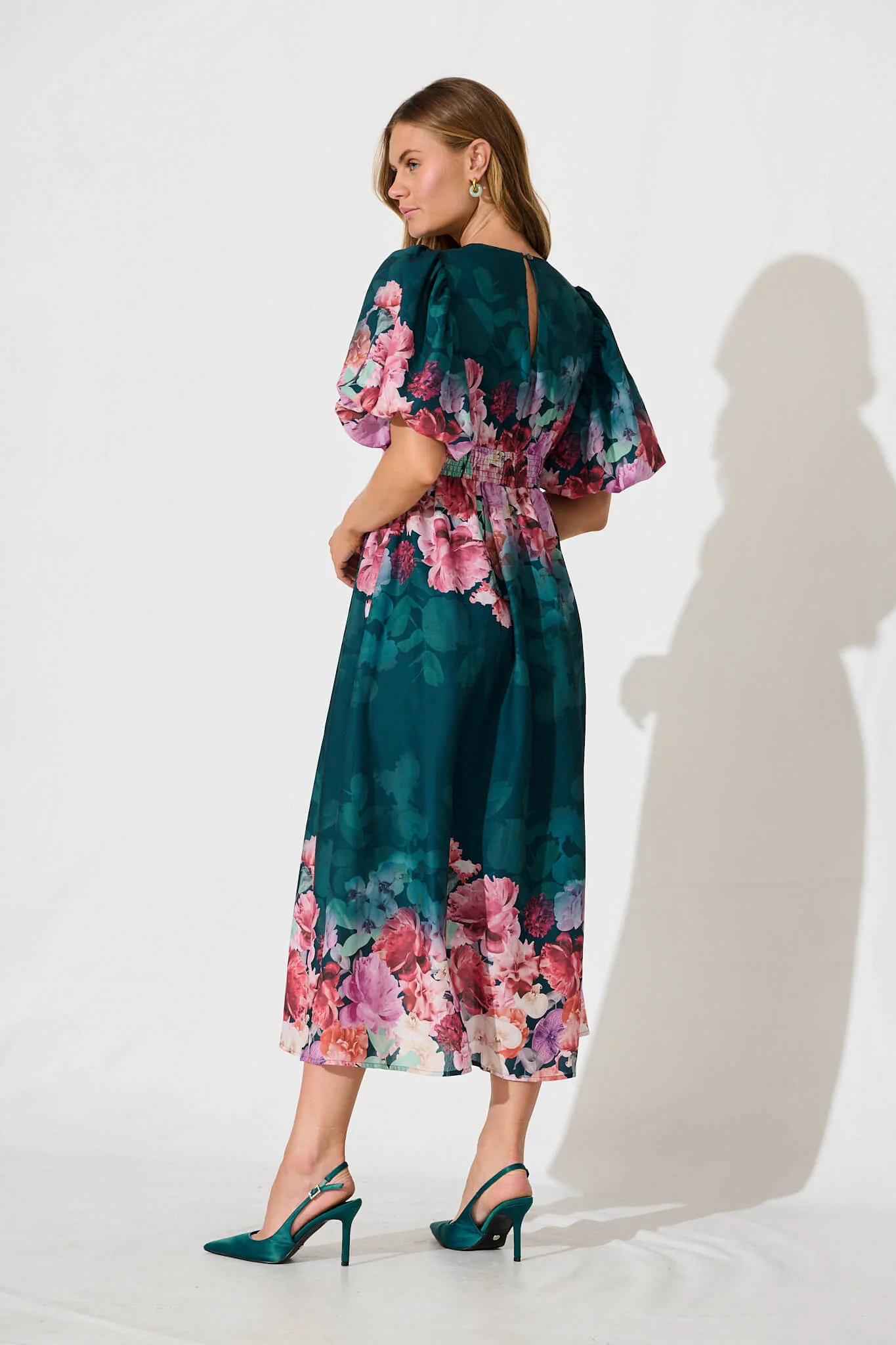Divine Maxi Dress In Emerald With Pink Multi Floral Print - Image 8