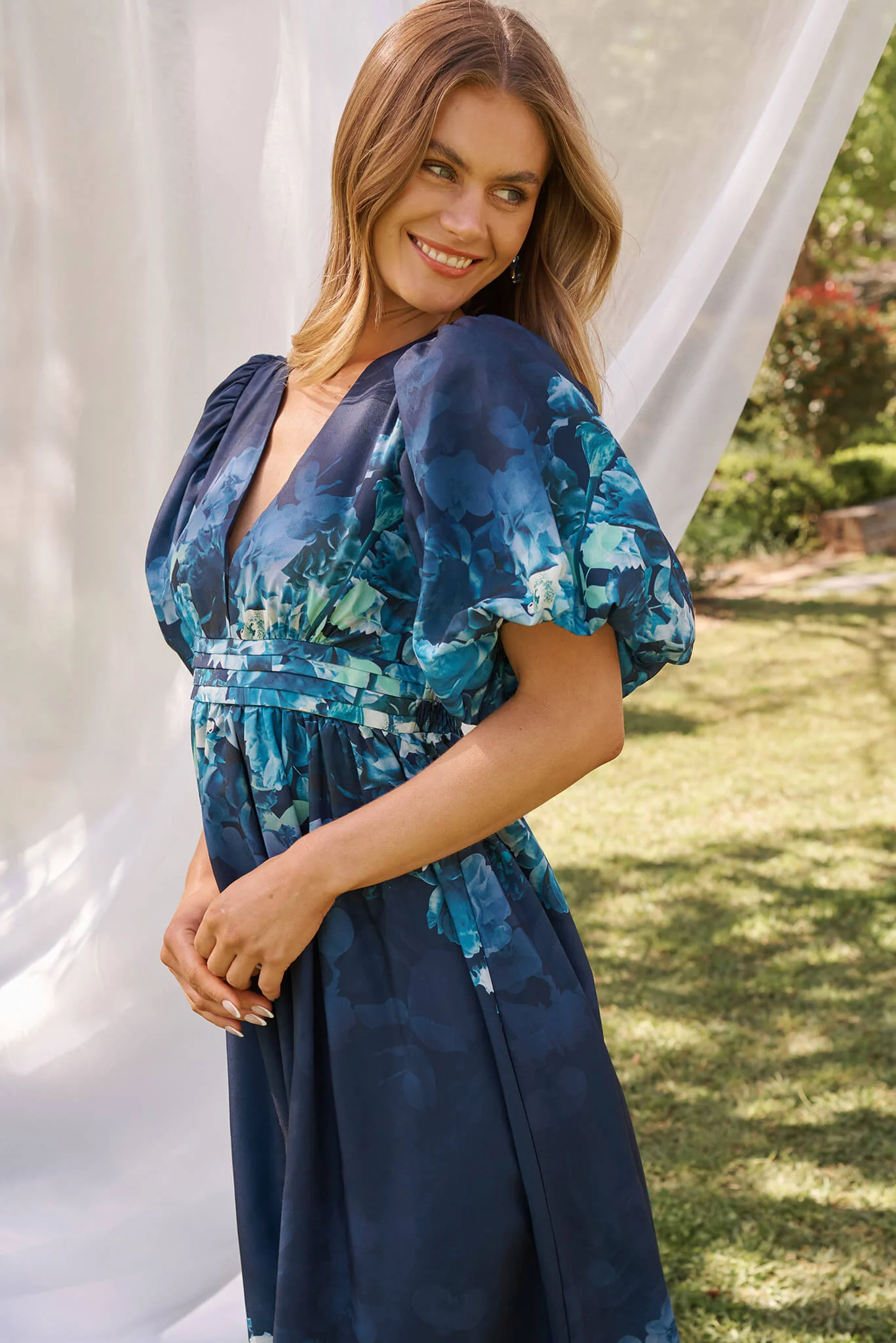 Divine Maxi Dress In Navy With Sage Multi Floral Print - Image 5