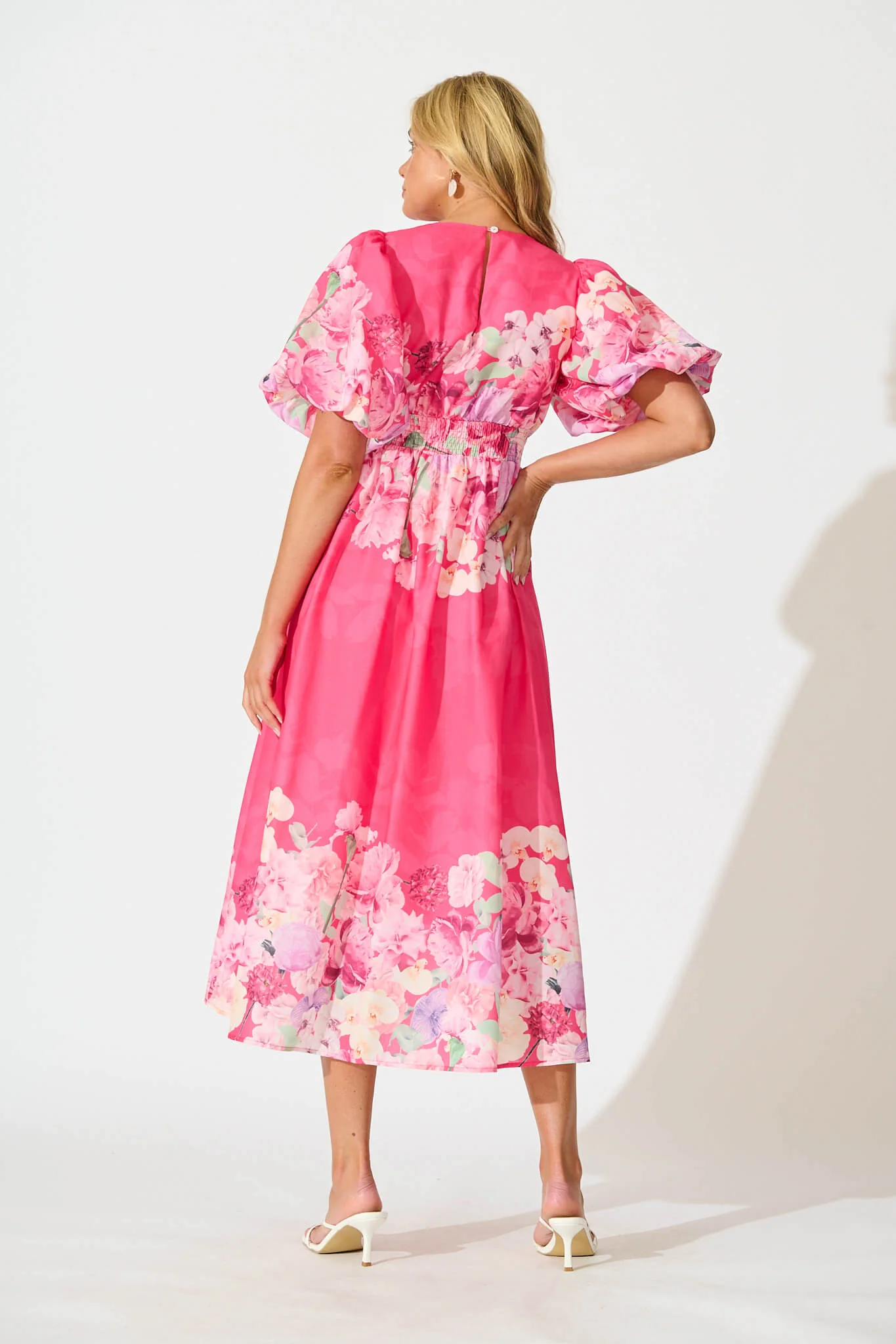 Divine Maxi Dress In Pink With Lilac Multi Floral Print - Image 4